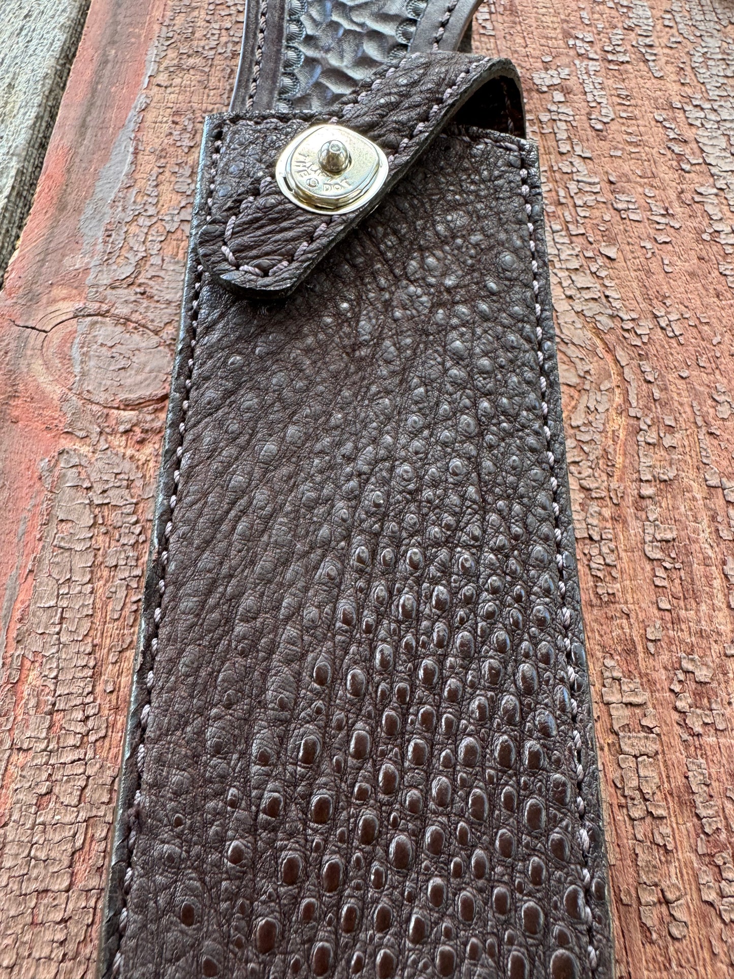 Randall Model 12-9/14 Grind Sheath in Exotic Dark Brown Snapping Turtle by Treeman. Supple tanned leather from the hind quarter.