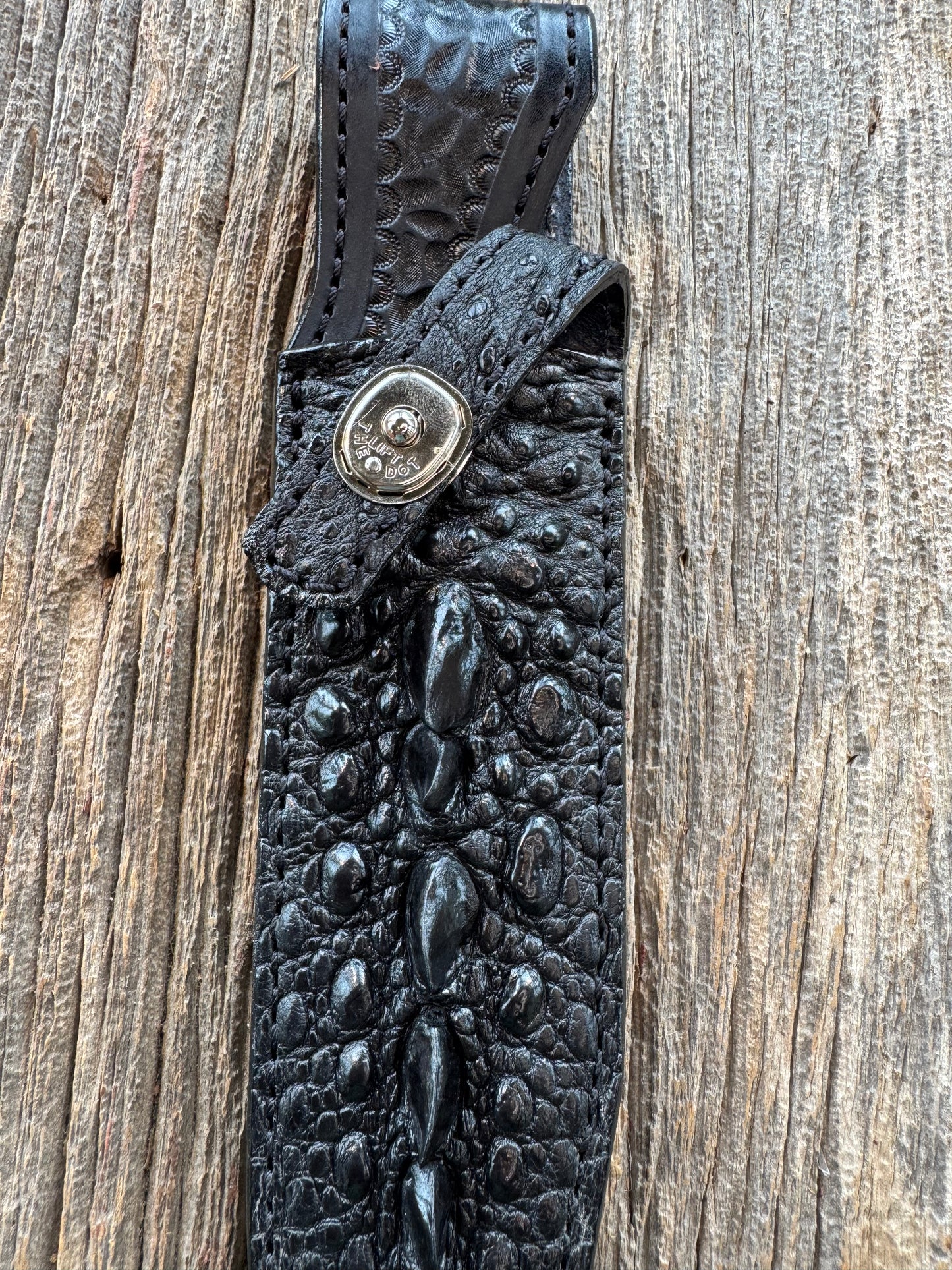Randall Model 16-7 SP1 Sheath in Exotic Black Snapping Turtle by Treeman. Spiked Dragon tail portion of the turtle.