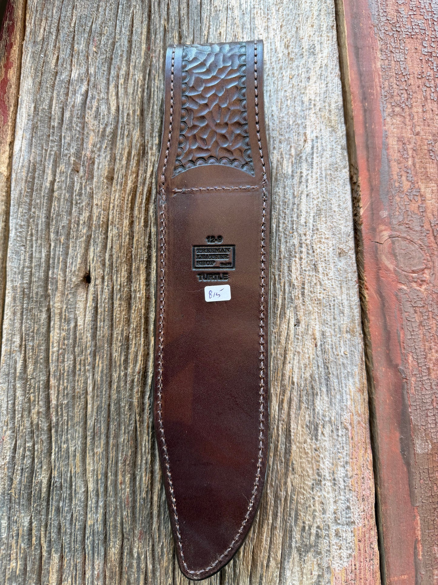 New Randall Model 12-9/14 Grind Sheath in Exotic Brown Snapping Turtle by Treeman. Spiked Dragon tail portion of the turtle. Huge Spikes