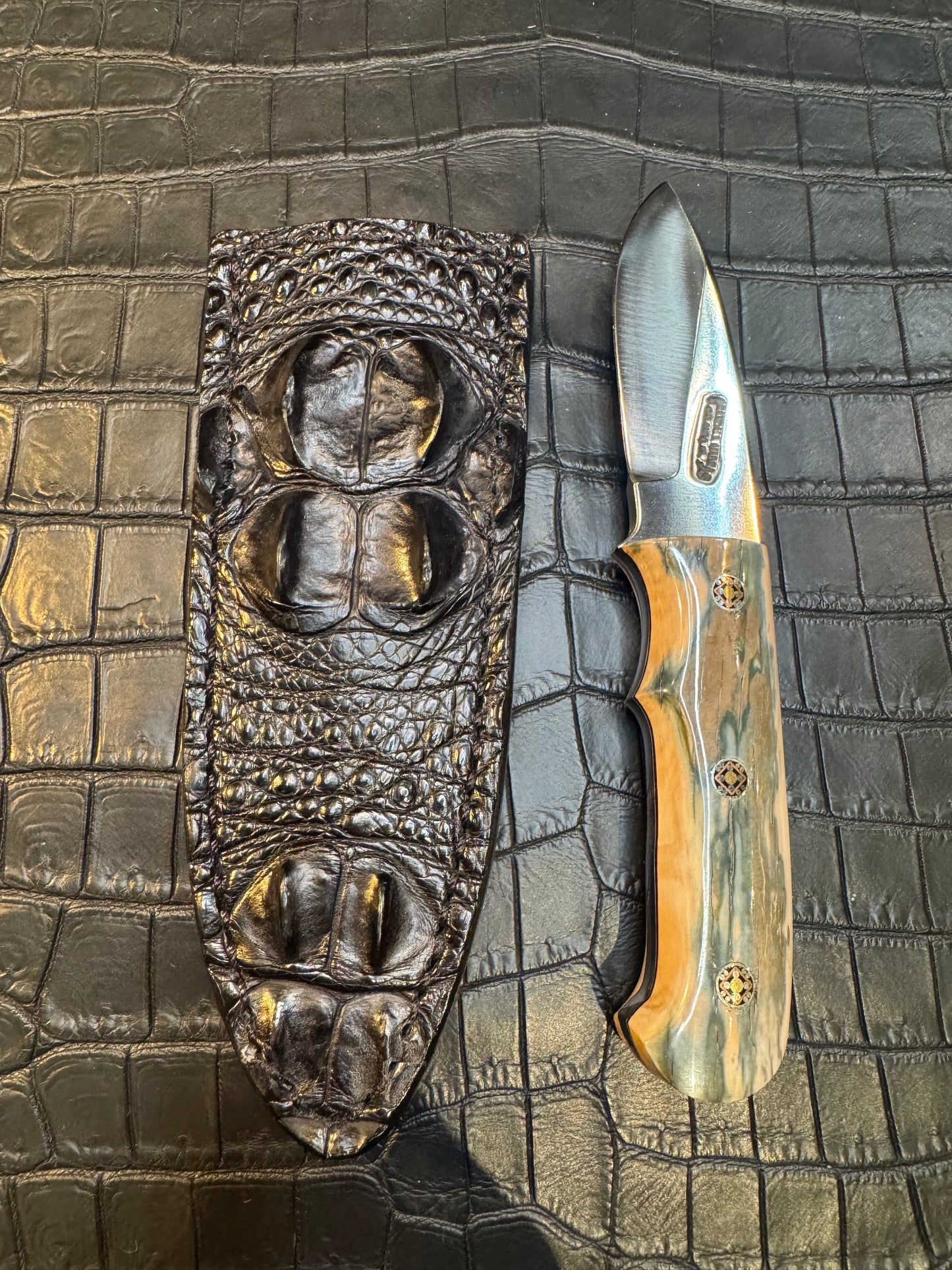 Randall Model Tri Athlete Sheath with Scales Added in Exotic Black Hornback Crocodile (Skull) by Treeman. (Sheath only)