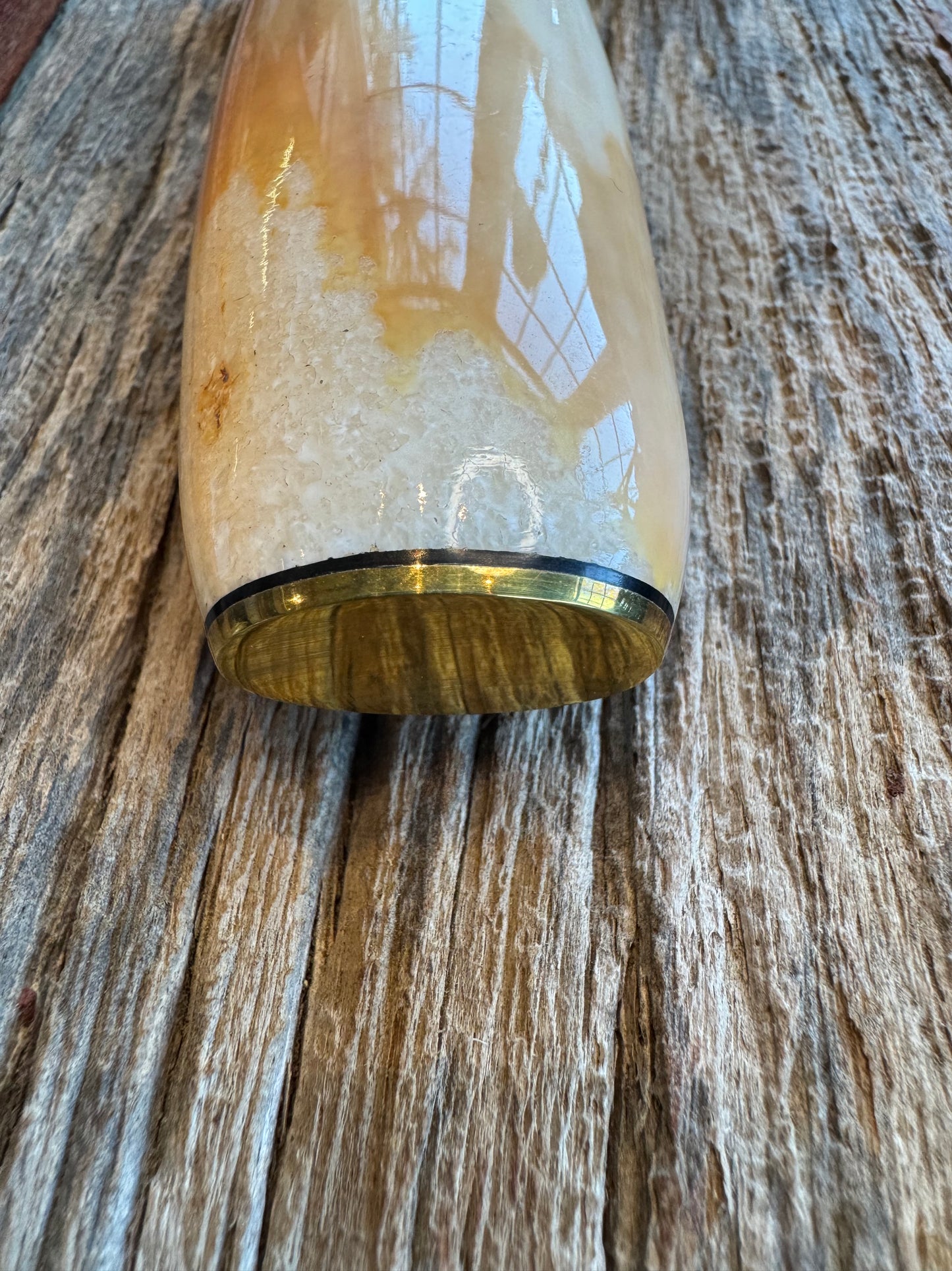 Randall Knife Model 1-8 Creamy Fossil Walrus Handle. From the Jim Gates Collection via Rick Bowles. Stainless Steel, Brass Hilt and butt plate.