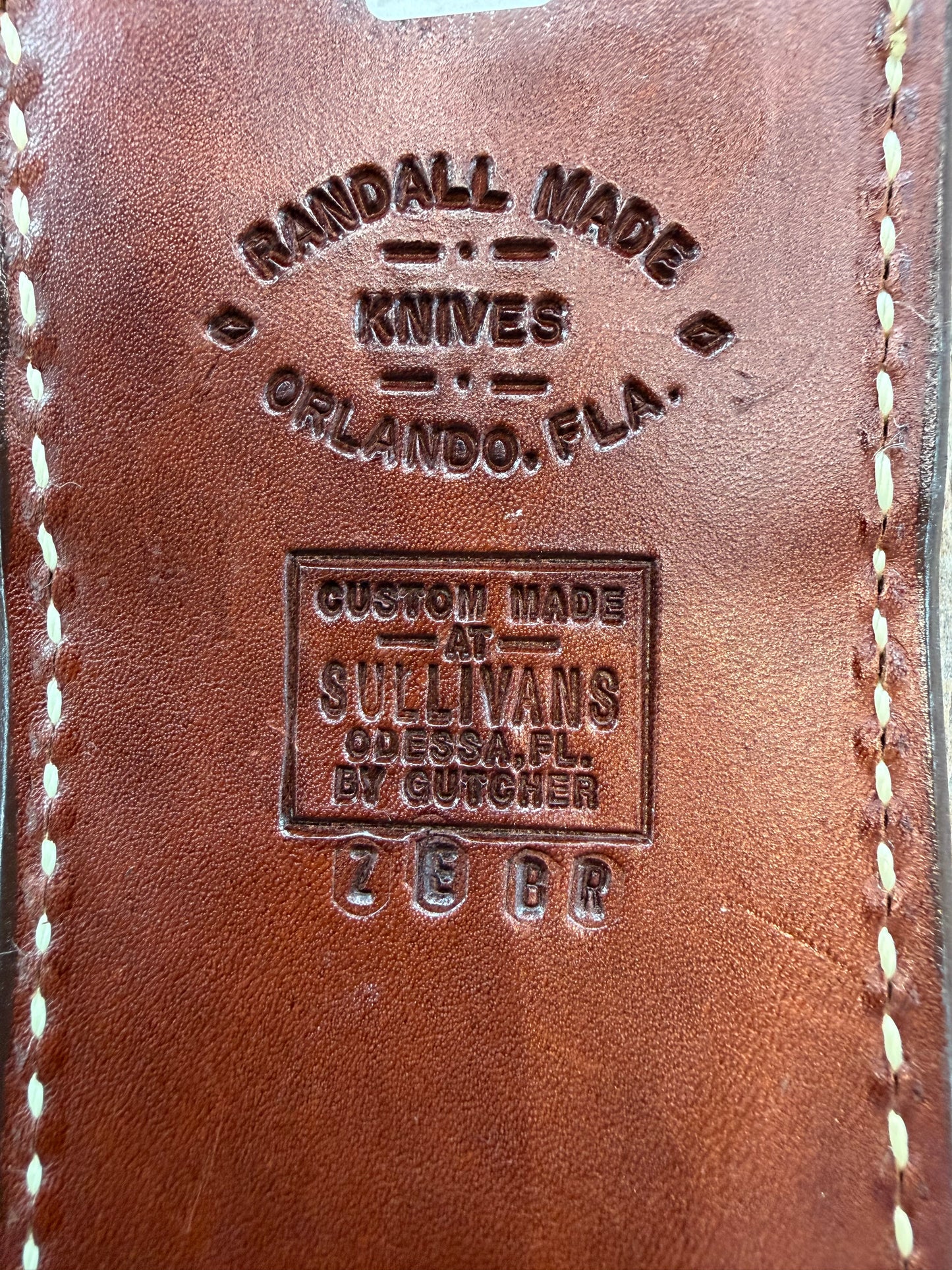 Randall Model Clinton Special Sheath in Exotic Brown Zebra Custom Made at Sullivan’s by Gutcher.