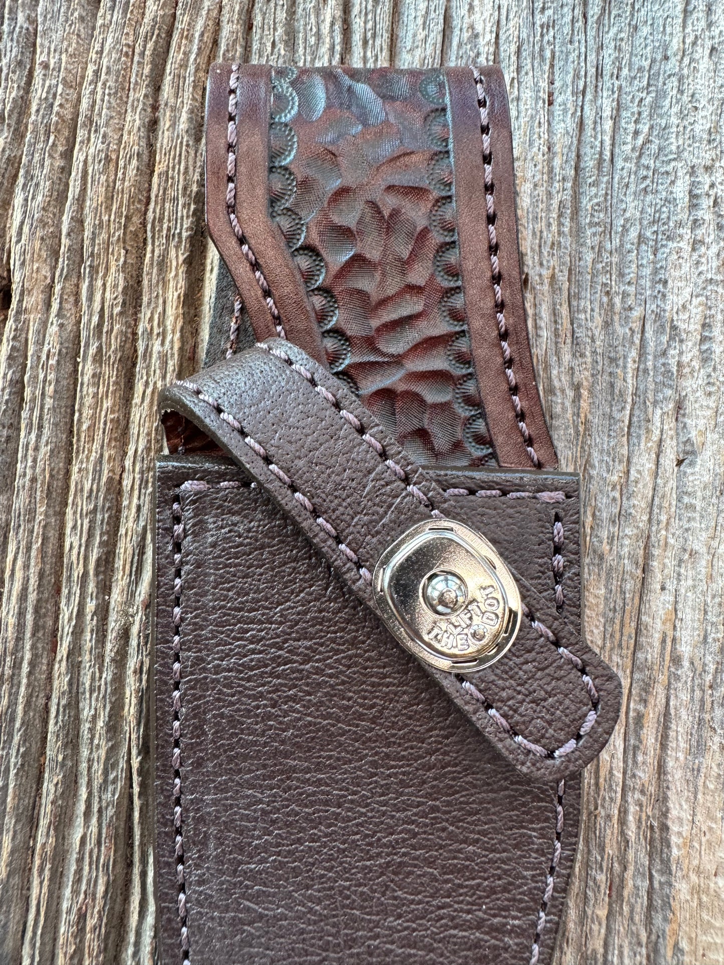 Randall Model 19-5 Exotic Cape Buffalo Sheath in dark brown leather from Treeman.