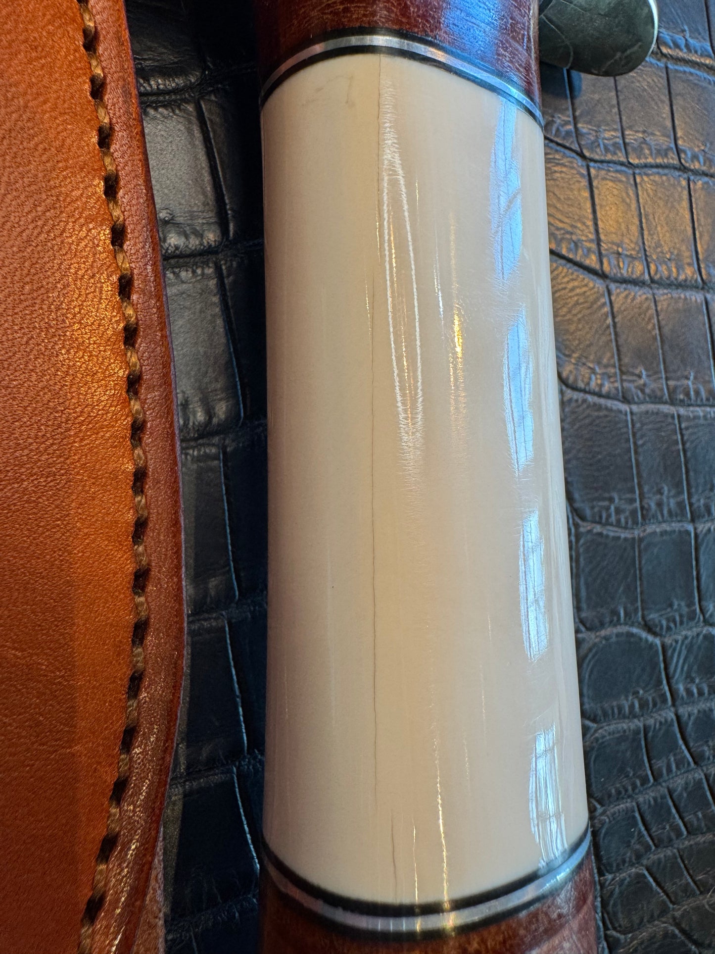 Randall Model 12/9-14 Grind Sportsman Bowie in Elephant Ivory with stacked Leather, Nickel Silver Hilt and Butt cap.
