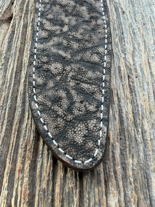 New Randall Model 1-7 Sheath in Exotic thick and textured Black and Grey Elephant Ear on brown leather from Treeman with a silver Canteen snap. Hand tooled belt loop. Killer sheath.