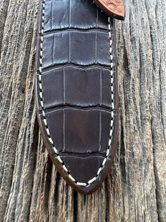 New Randall Model Combat Companion Sheath in Exotic Brown Natural Croc with full leather hand tooled belt loop. Custom Made at Sullivan’s by Gutcher.