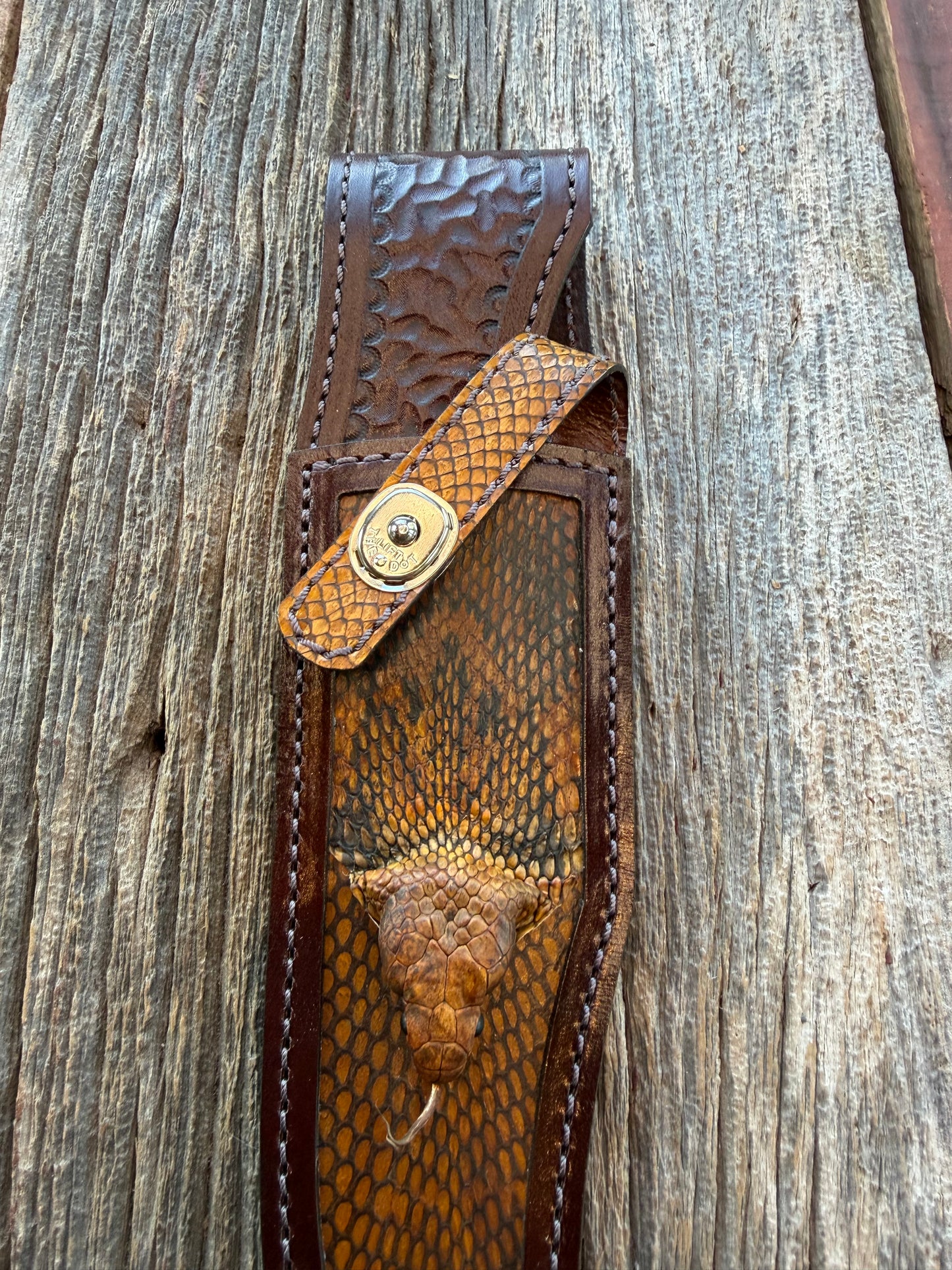 New Randall Model 12-8 Big Bear Sheath in Exotic Cobra with actual head by Treeman. Black and Browns … one of only a three I made.
