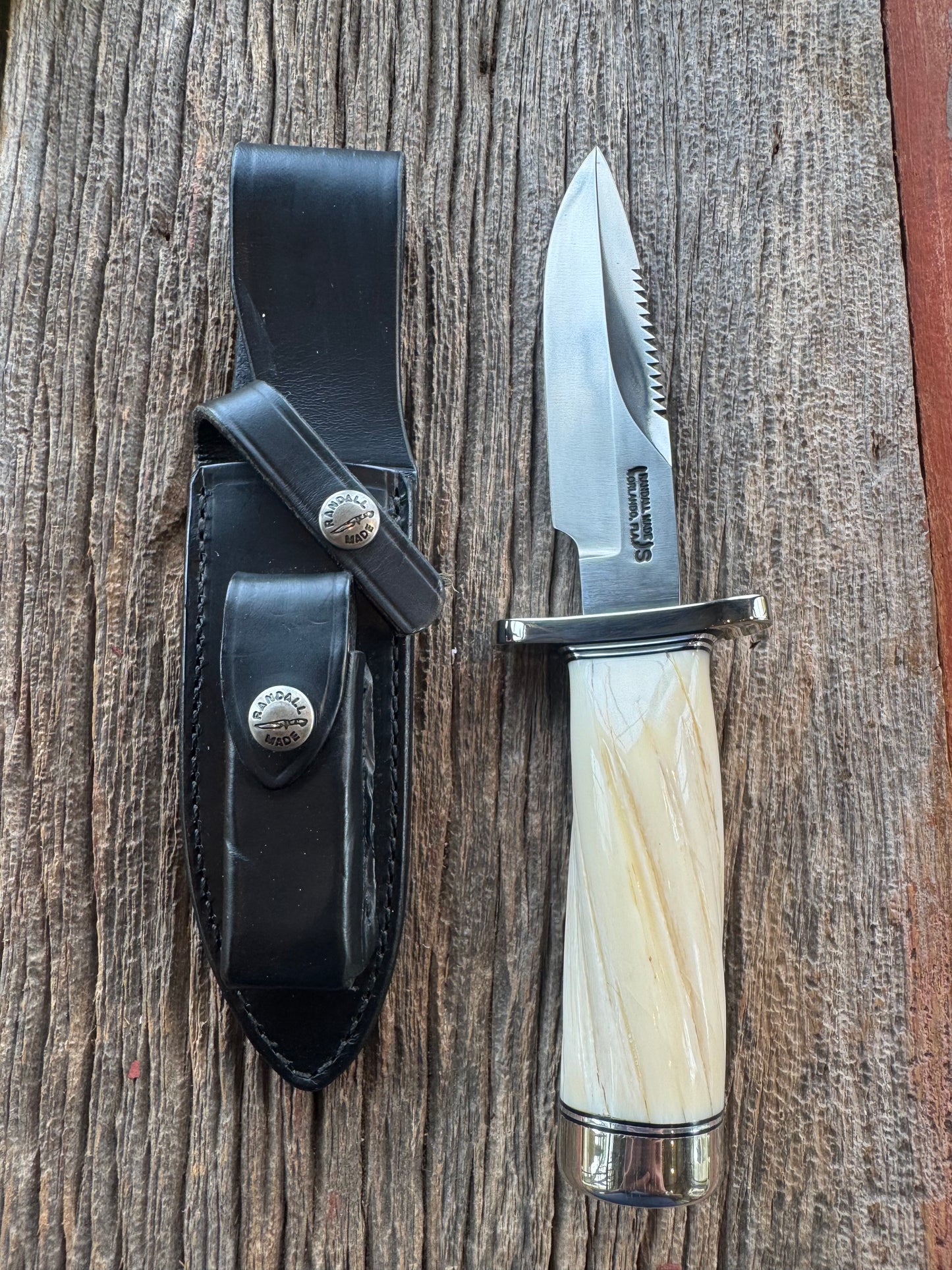 Rare Randall Model Combat Companion in Beautiful Spiraled Narwal, Nickel Silver Hilt and butt cap, black and silver spacers. SS Stunning and rare.