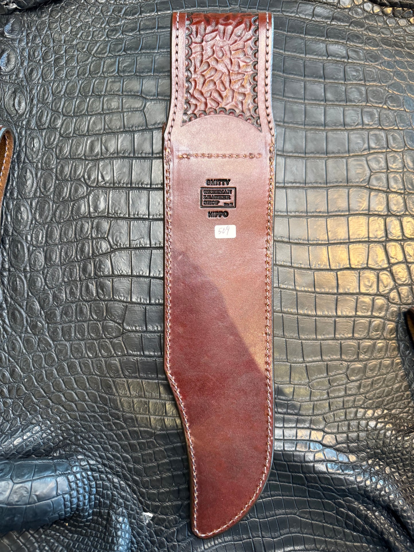 Randall Model 12-11 Smithsonian “Smitty” in Chocolate Hippo, forward curved hilt, Canteen Snap, full brass stamping and stitching.