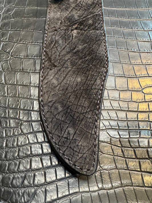 Randall Model 12-9 Bowie Clip Point in Black Hippo, forward curved hilt, Canteen Snap, full brass stamping and stitching.