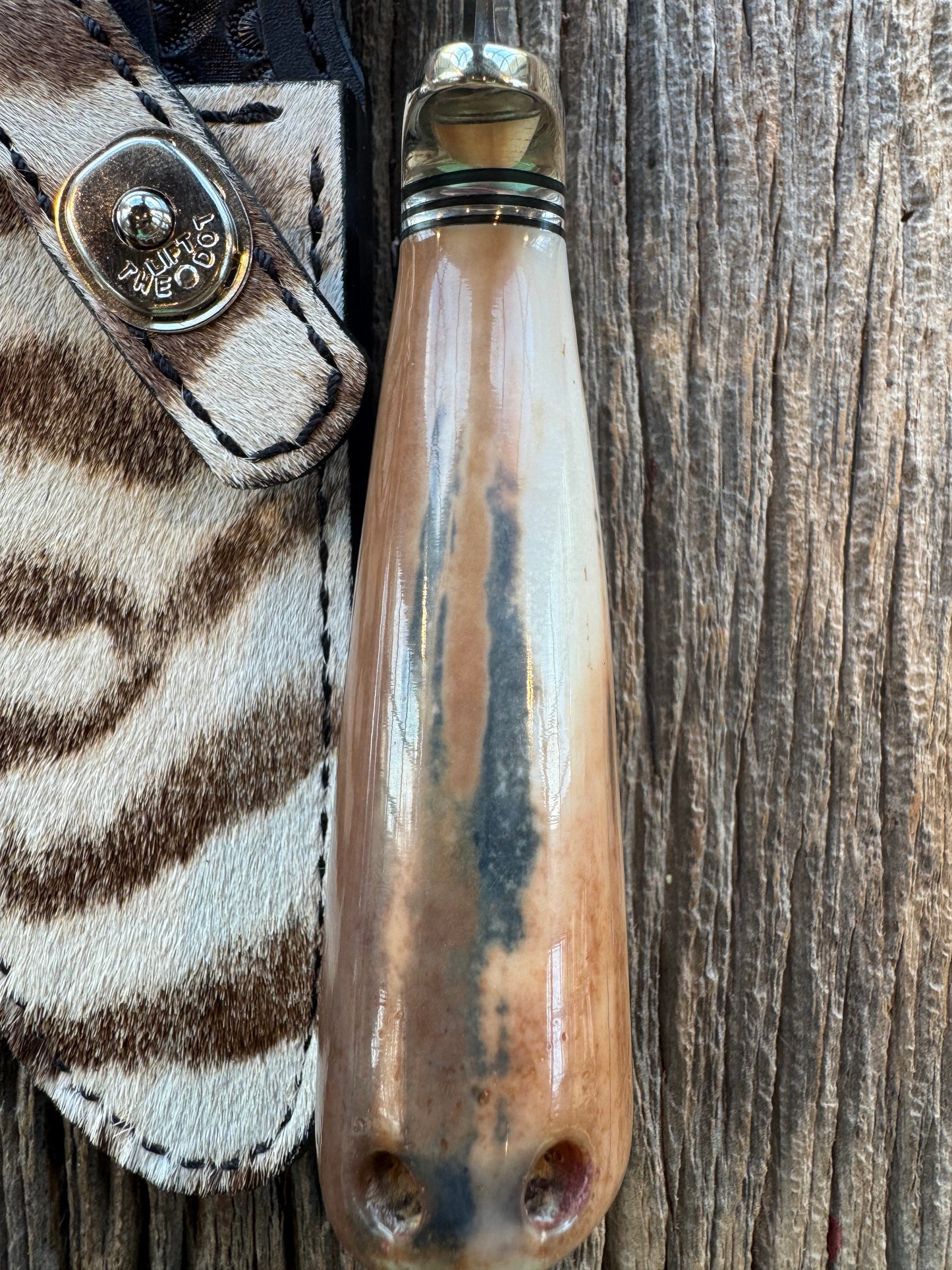 Randall Knife Model 23 Net Weight Artifact Fossil Walrus Handle. Stainless Steel, Natural end. Zebra Sheath.