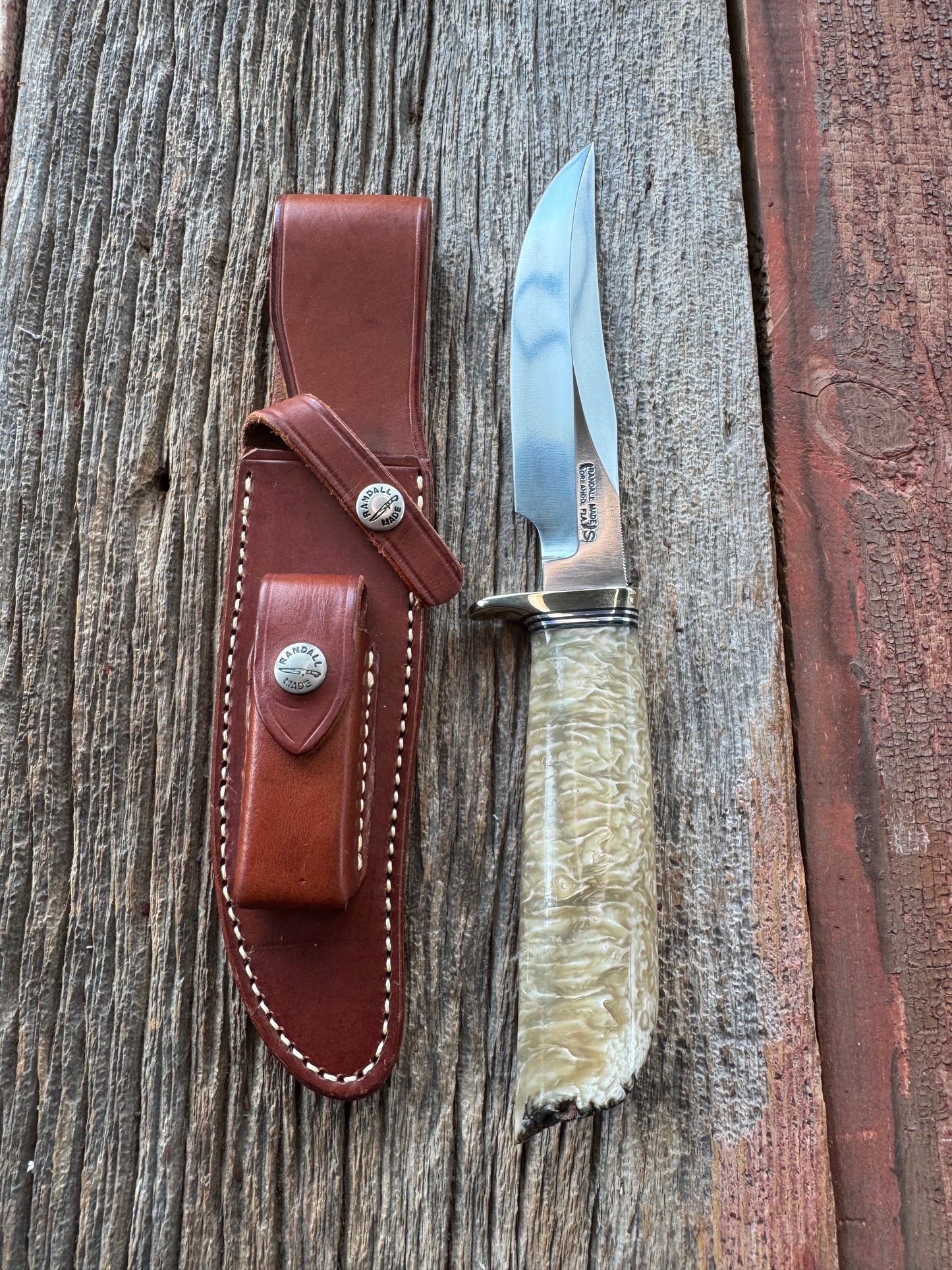 Randall Model 12-6 in Musk Ox. Natural raw end. Nickel Silver Single Hilt and Black and Aluminum spacers, stainless steel blade.