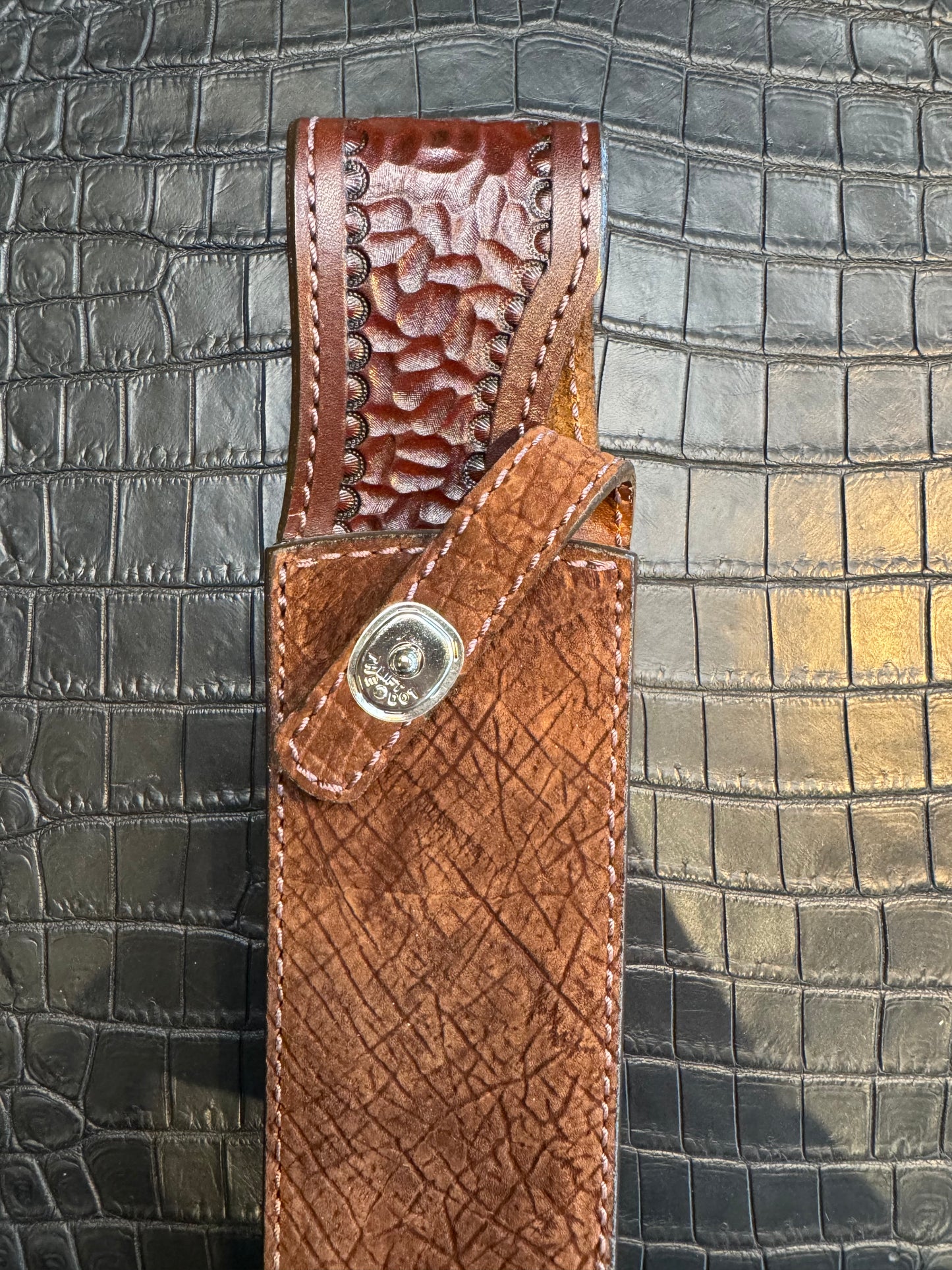 Randall Model 12-9 Bowie Clip Point in Chocolate Hippo, forward curved hilt, Canteen Snap, full brass stamping and stitching.