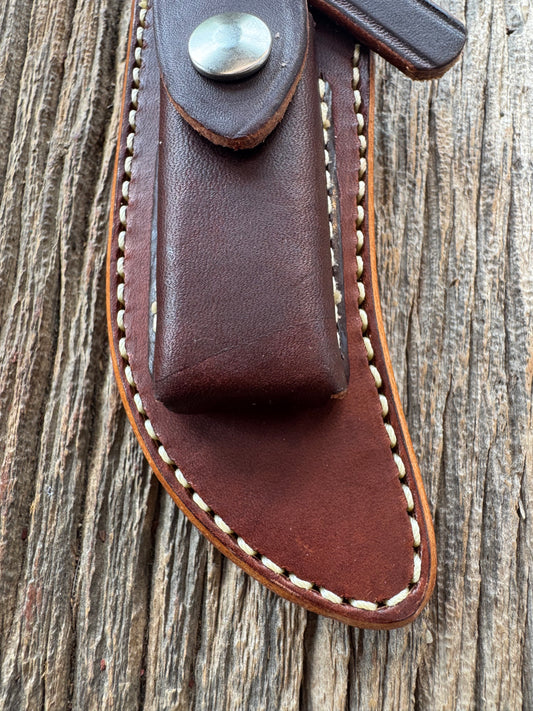 New Randall Sullivans by Gutcher Leather Knife Sheath Model 22 with sharpening stone.