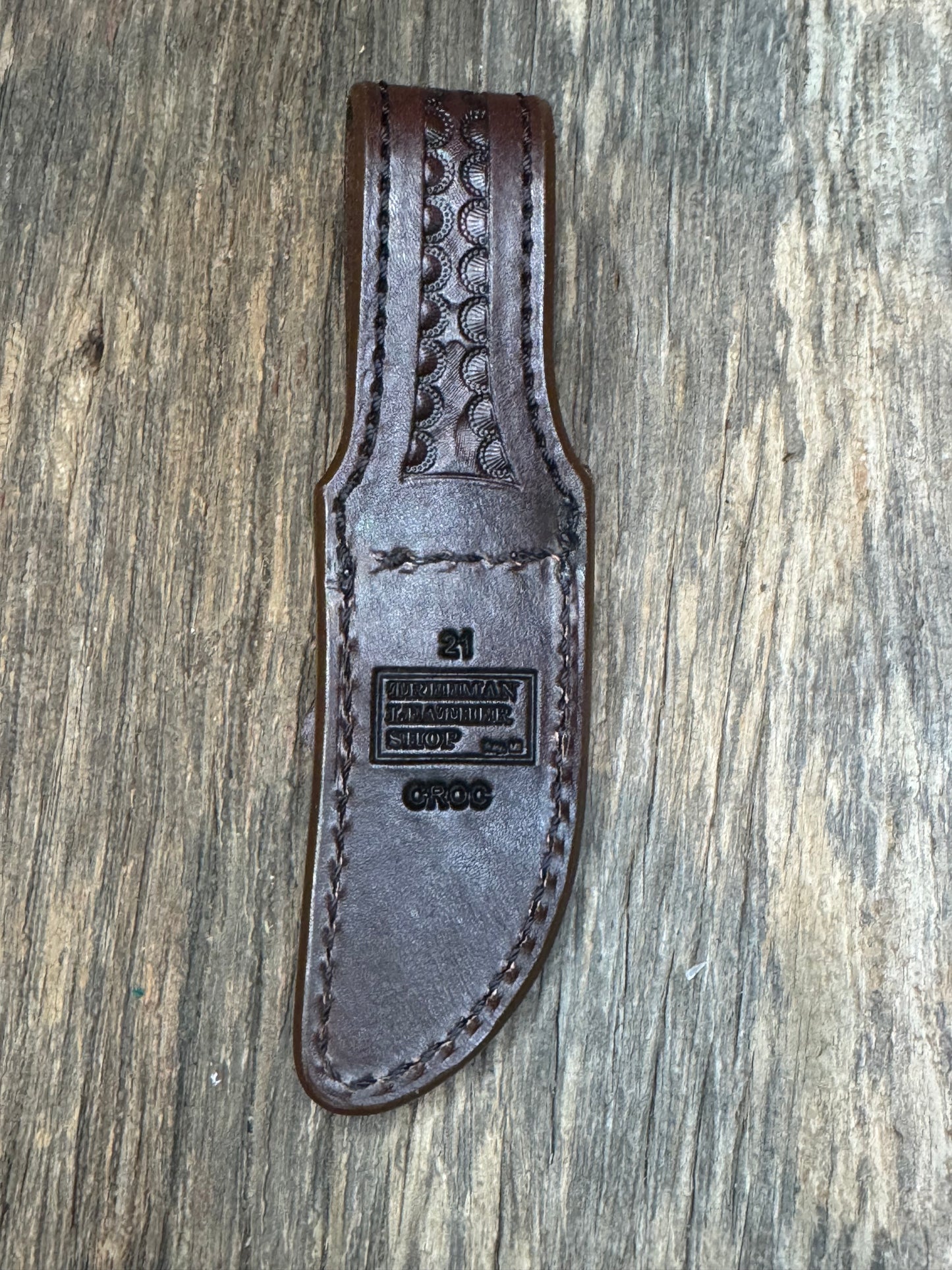 Randall Model 21 Sheath in Exotic Brown Sueded Crocodile from Treeman.