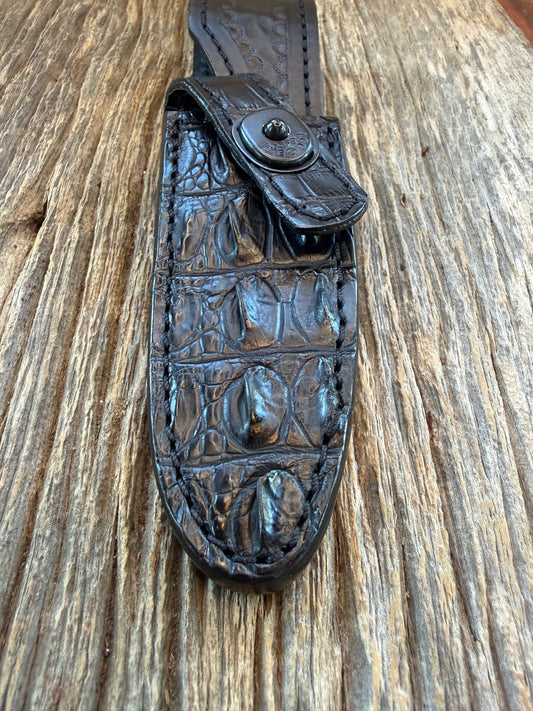 New Randall Model 8-4 Sheath in Exotic Black Crocodile tail from Treeman. Black canteen Snap .. Johnny Cash Style … All Black.