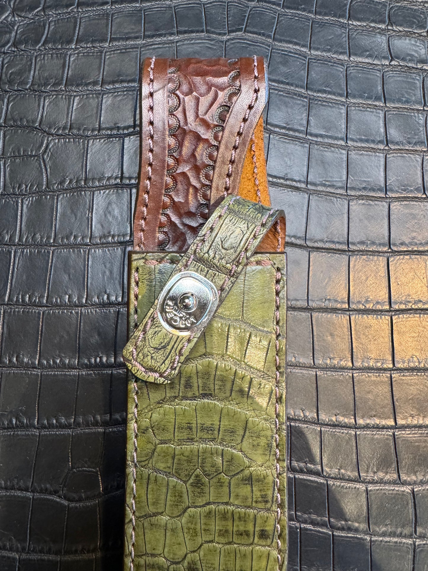 Randall Model 1-8 in Army Green Crocodile. Straight hilt, Canteen Snap, full brass stamping and stitching.