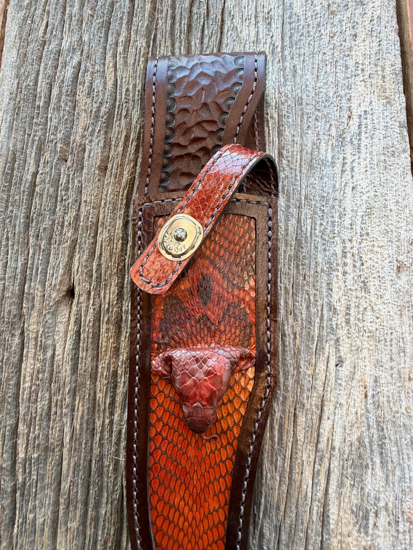 New Randall Model 12-8 Big Bear Sheath in Exotic Cobra with actual head by Treeman. Black and Browns … one of only a three I made.