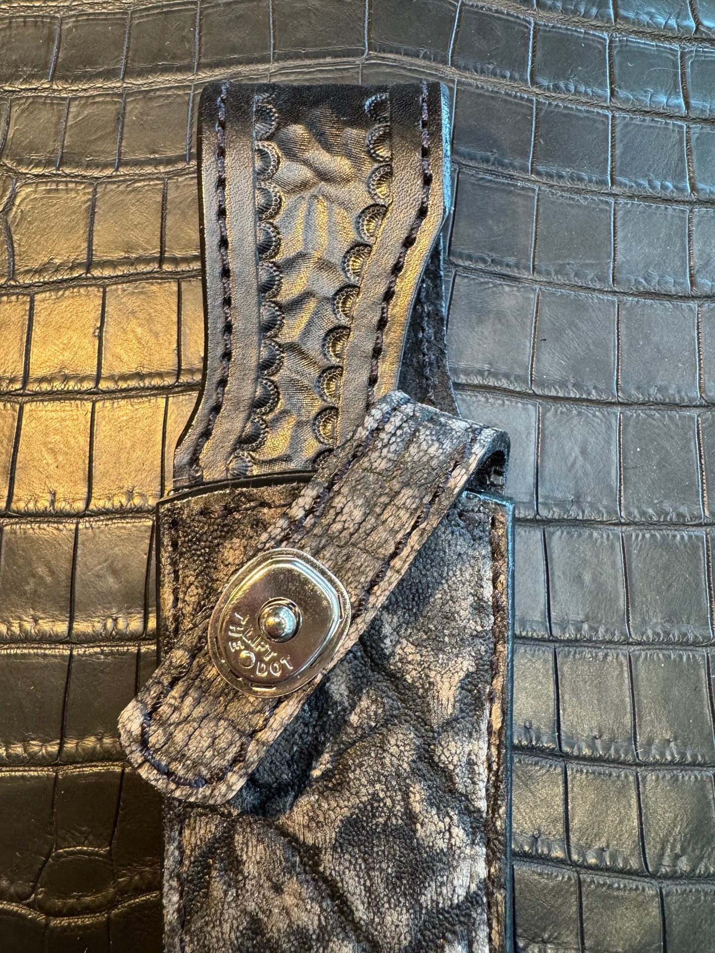 Randall Model Buxton Fighter “Dealer Special” Exotic Sheath in Black Elephant Trunk by Treeman.