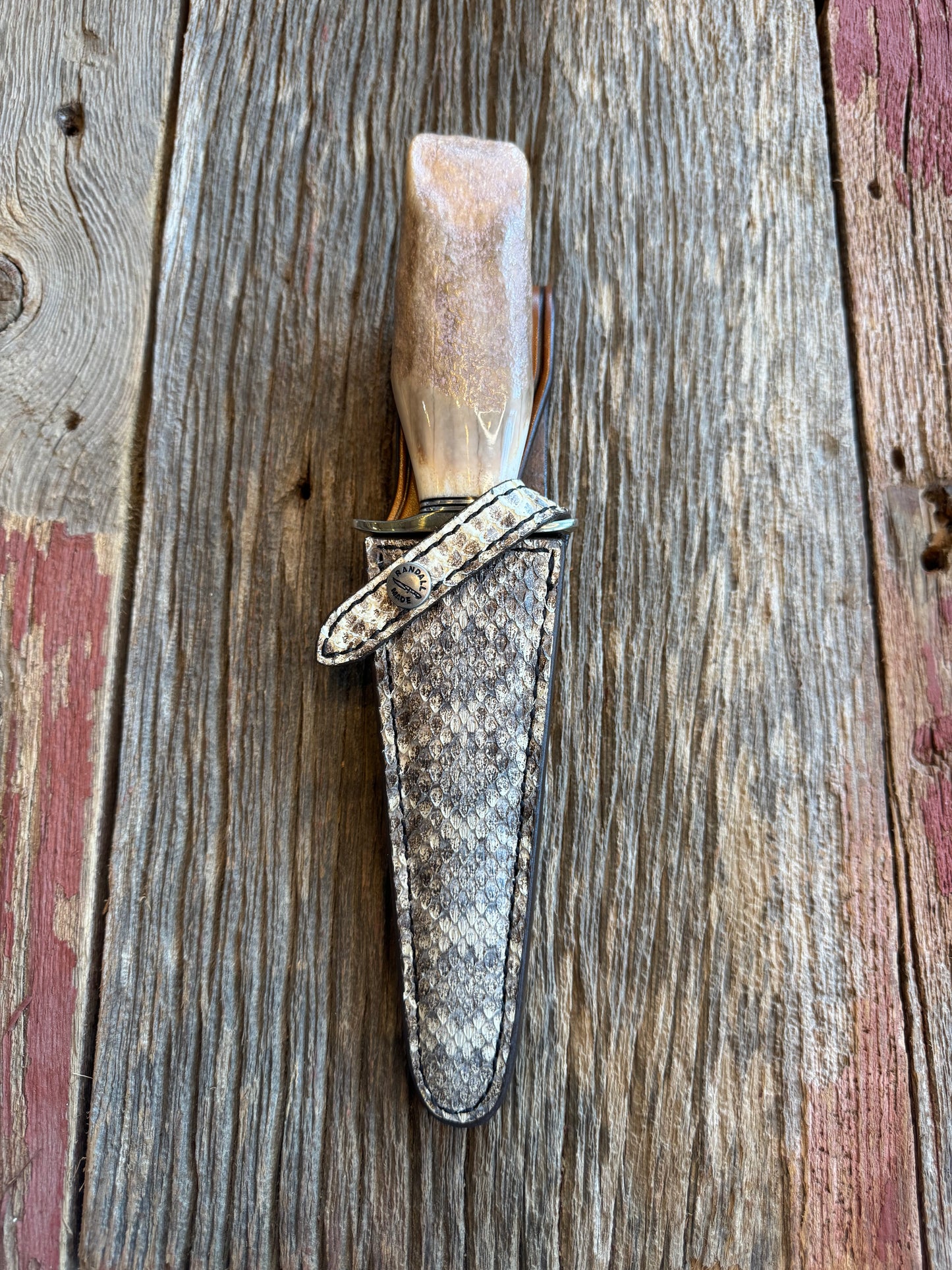 Randall Knife Model 13-6 Small Arkansas Toothpick Artifact. Fossil Walrus in an Ice Ax Handle. Included is a very rare Gutcher Rattlesnake sheath, Stainless Steel.