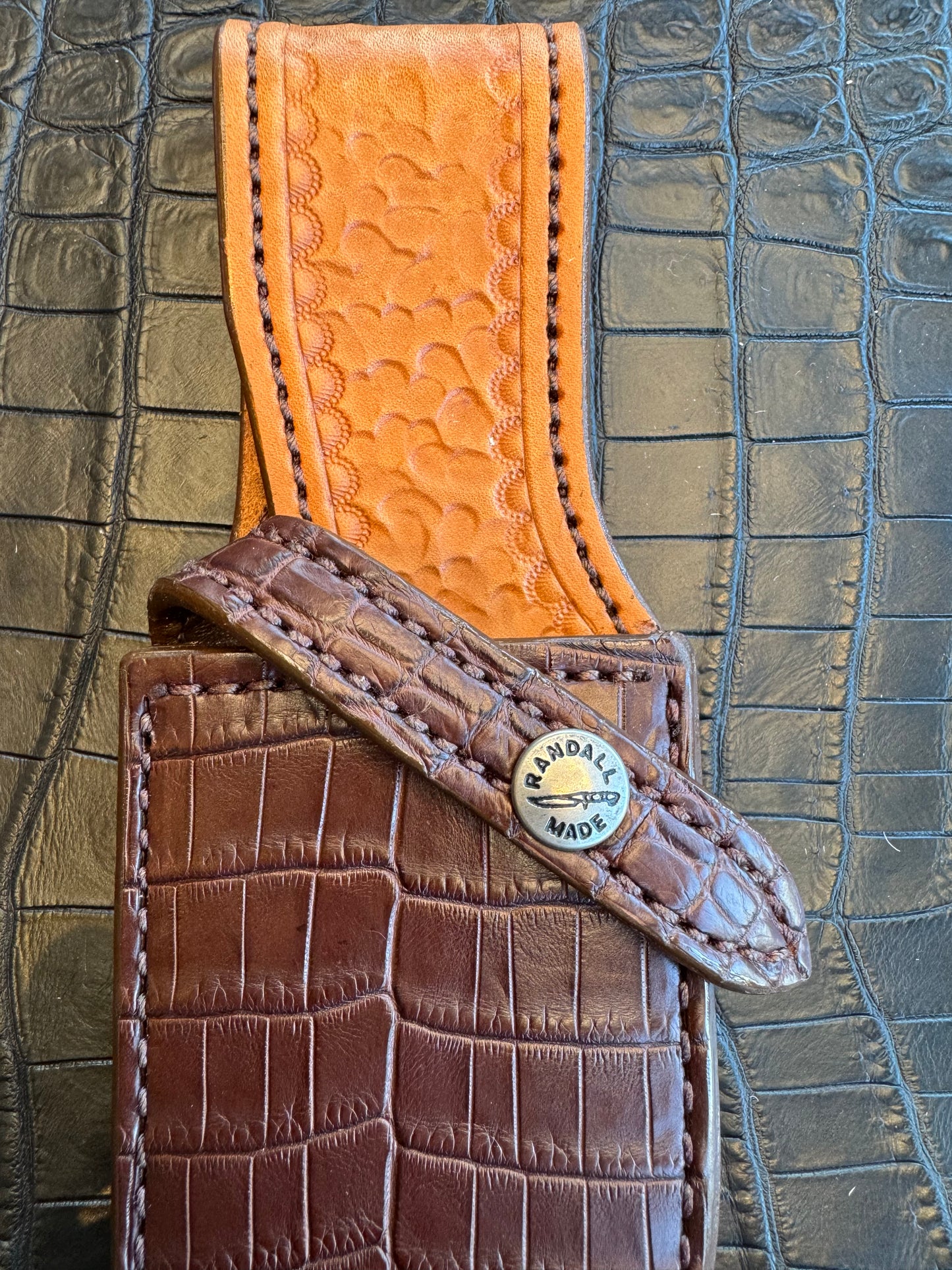 Randall Model 19-5 Exotic Brown Crocodile Sheath from Sullivans by Gutcher.
