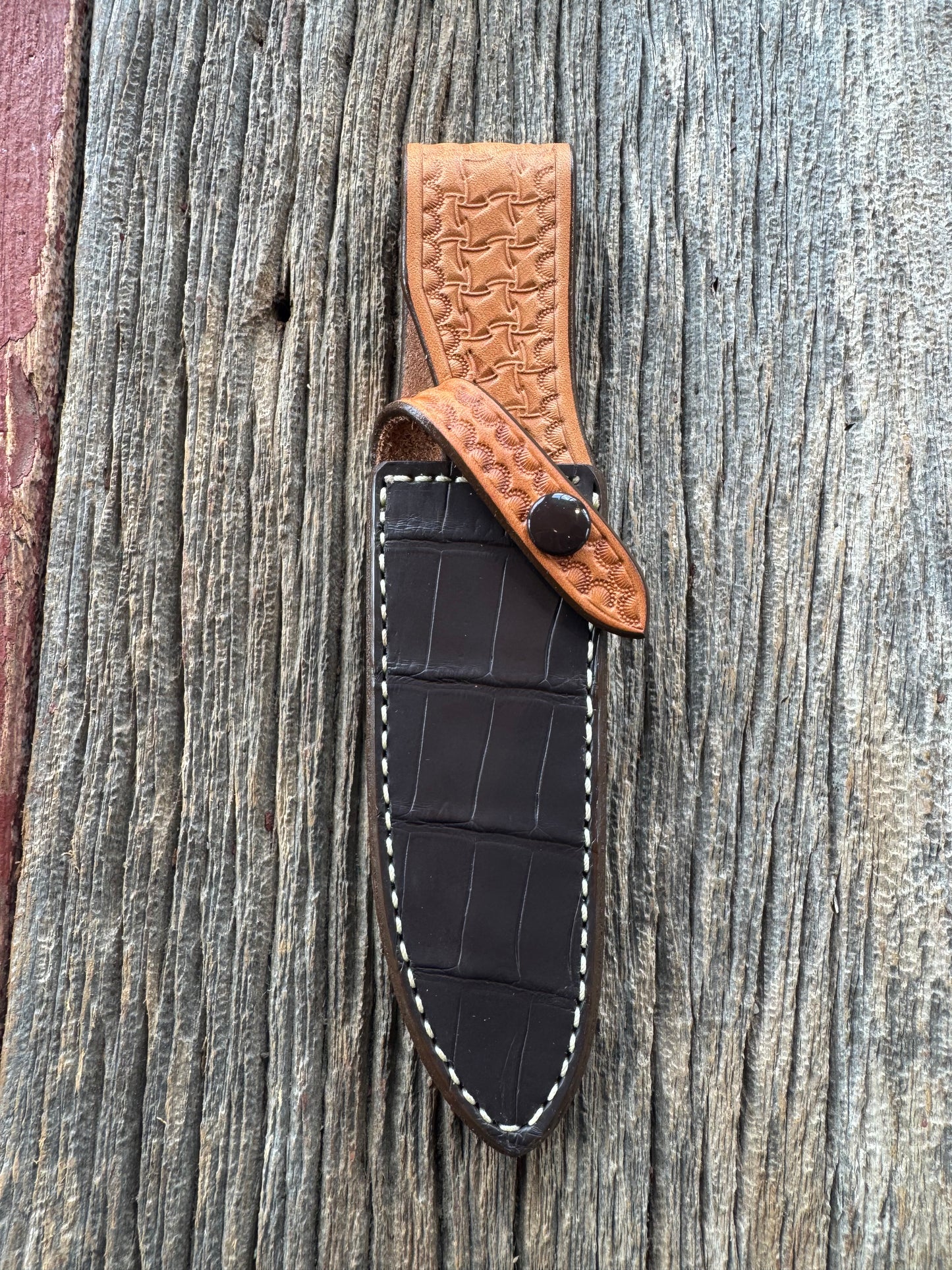 New Randall Model Combat Companion Sheath in Exotic Brown Natural Croc with full leather hand tooled belt loop. Custom Made at Sullivan’s by Gutcher.