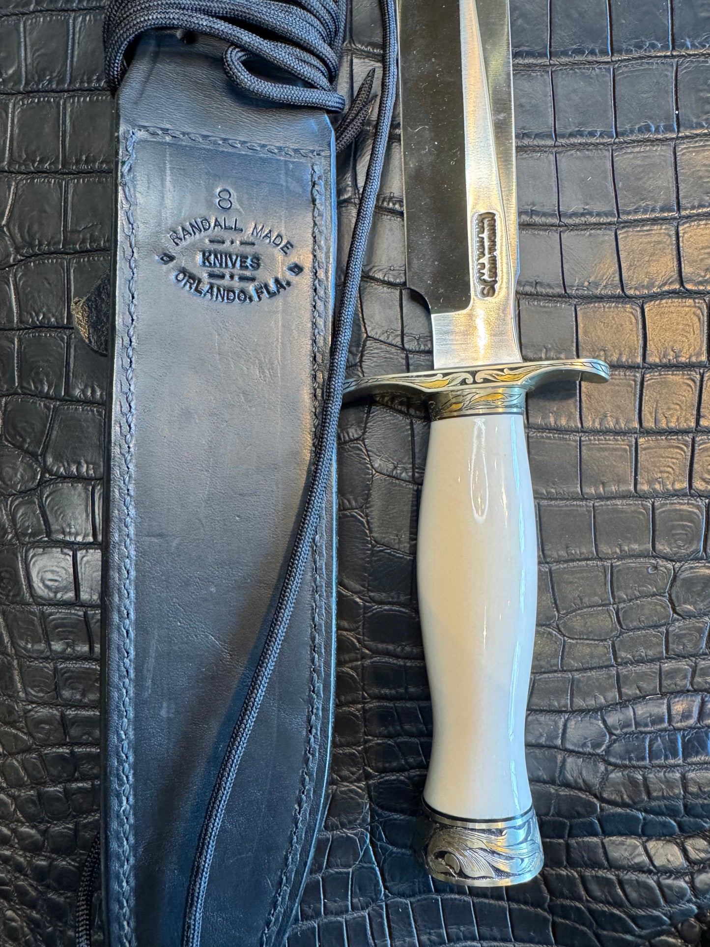 Randall Model 1-8 in Elephant Ivory, Gold and Silver Engraved, Nickel Silver Hilt and Butt cap.