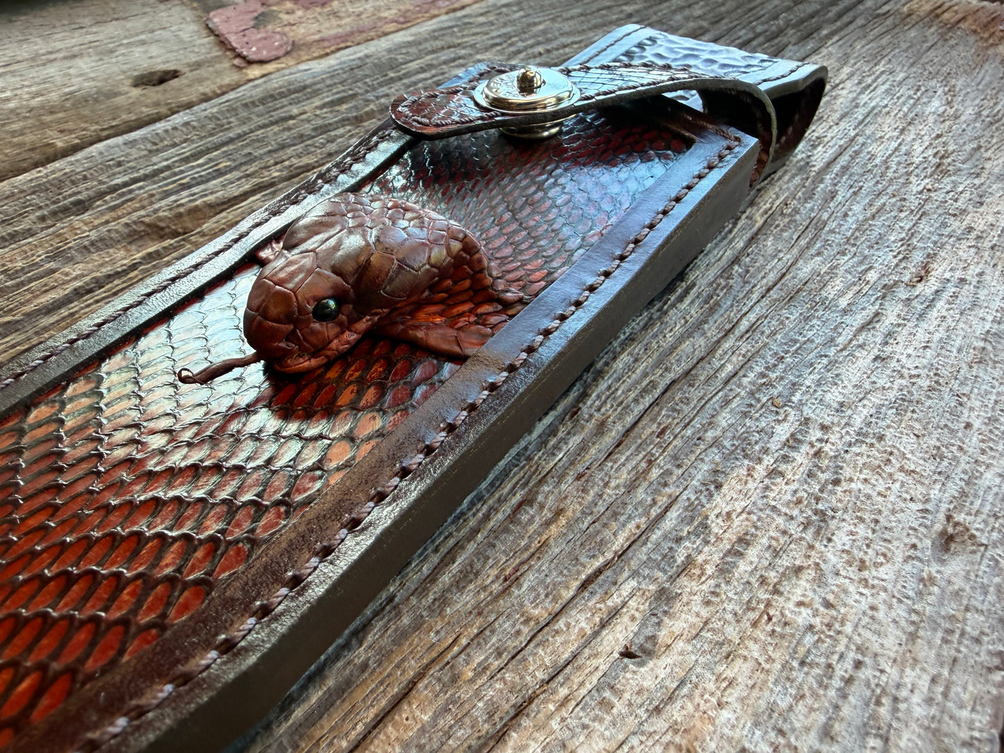 New Randall Model 12-9 Bowie Sheath in Exotic Cobra with actual head by Treeman. Black and Browns … one of only a few 12-9’s I have.