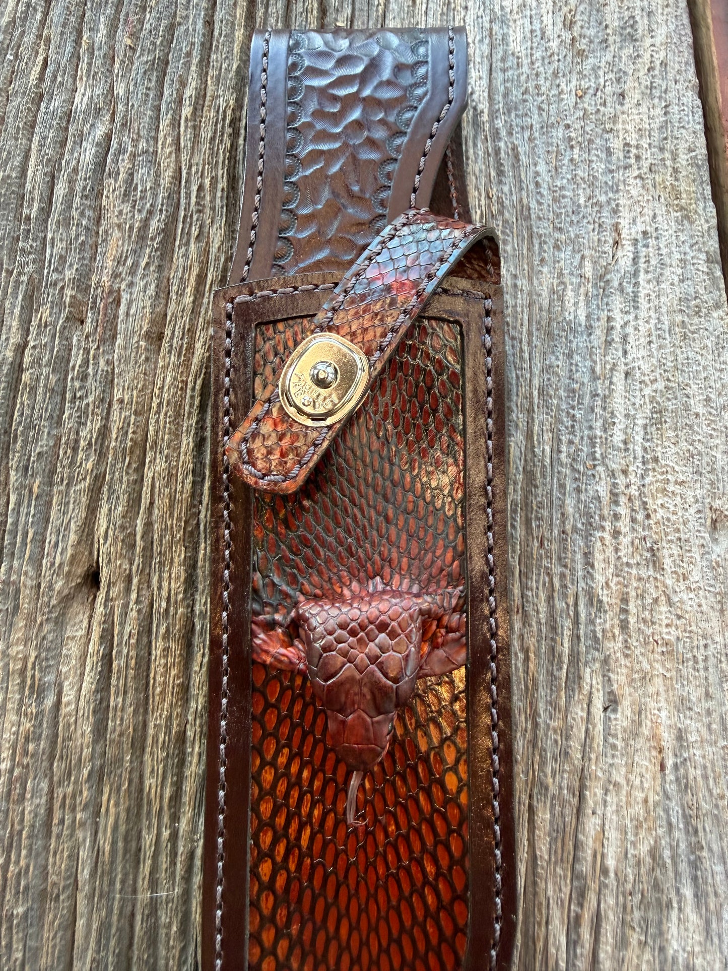 New Randall Model 12-9 Bowie Sheath in Exotic Cobra with actual head by Treeman. Black and Browns … one of only a few 12-9’s I have.
