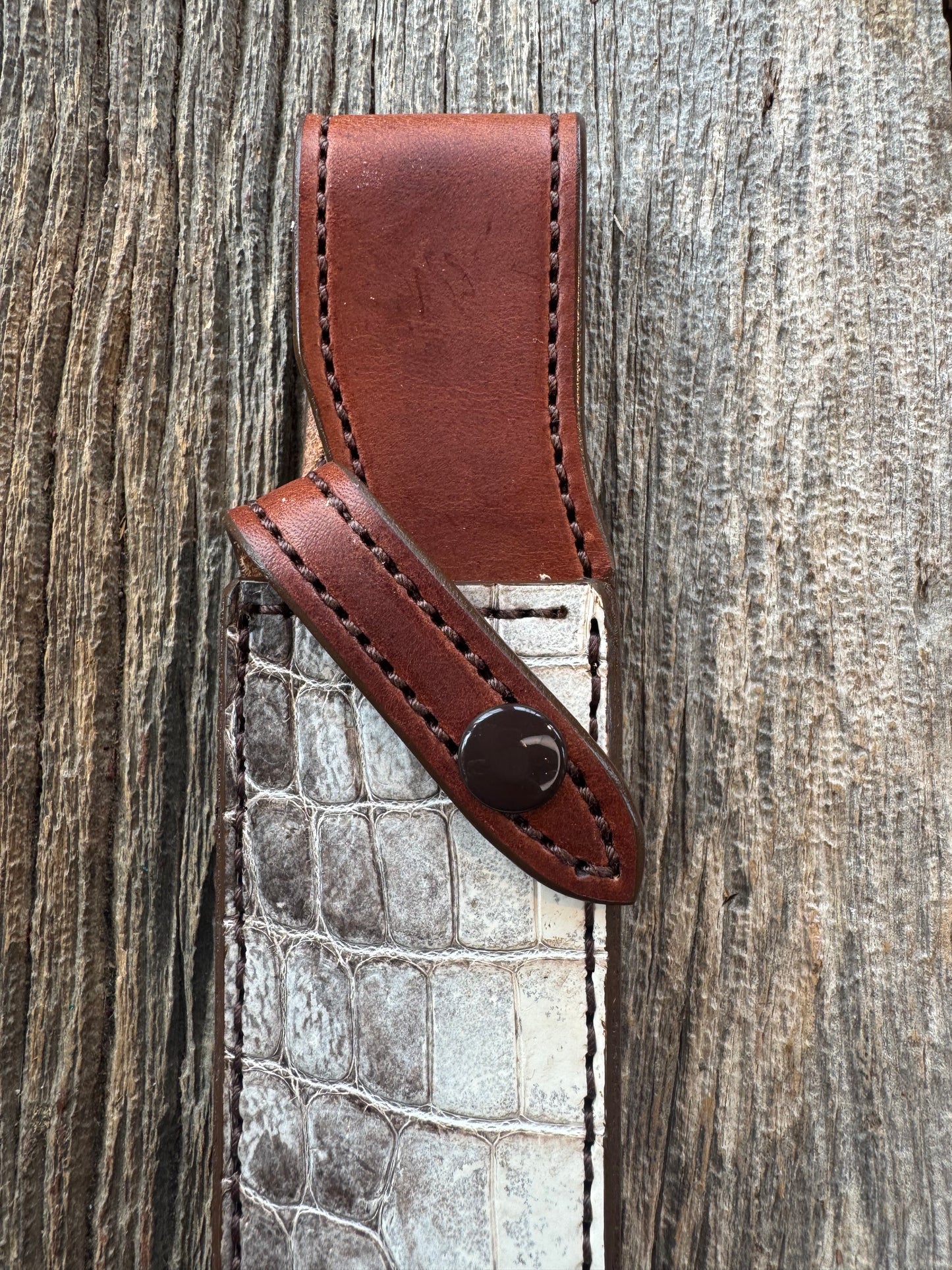 New Randall Model 1-8 or 2-8 Sheath in Exotic white and black Natural Croc with full leather belt loop. Custom Made at Sullivan’s by Gutcher.