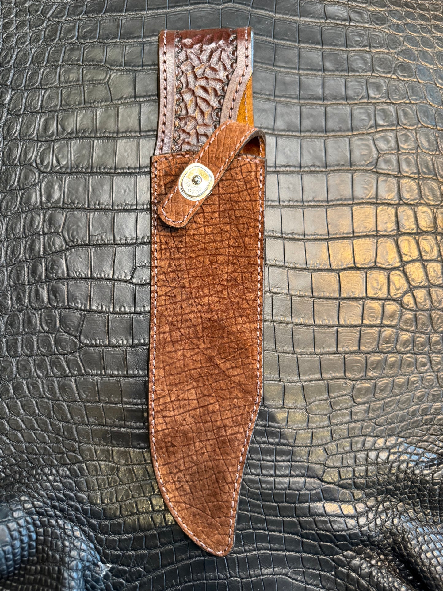 Randall Model 12-9 Bowie Clip Point in Chocolate Hippo, forward curved hilt, Canteen Snap, full brass stamping and stitching.