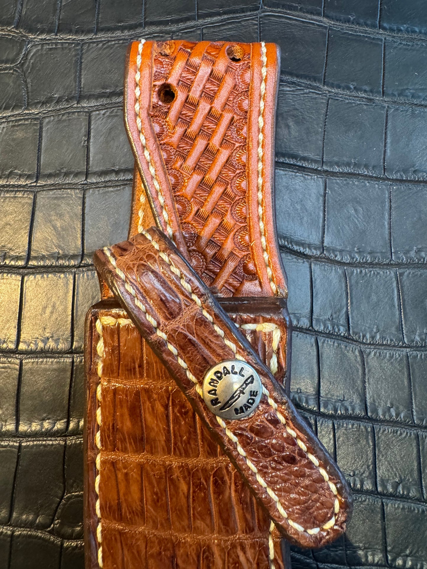 New Randall Model 20 Sheath in Exotic Brown Crocodile Custom Made at Sullivan’s by Gutcher.