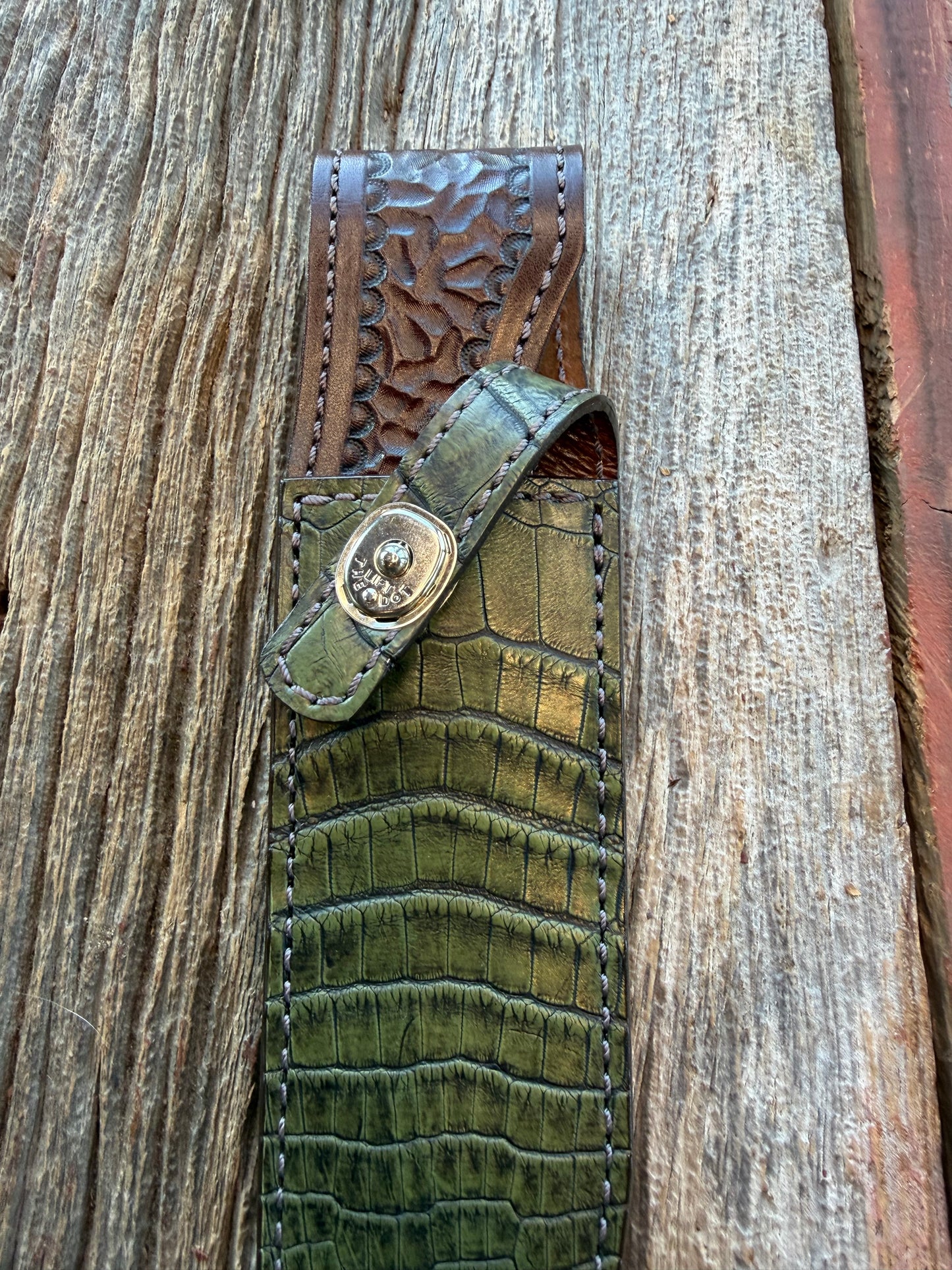 New Randall Model 14 Sheath in Exotic Army Green Crocodile from Treeman.