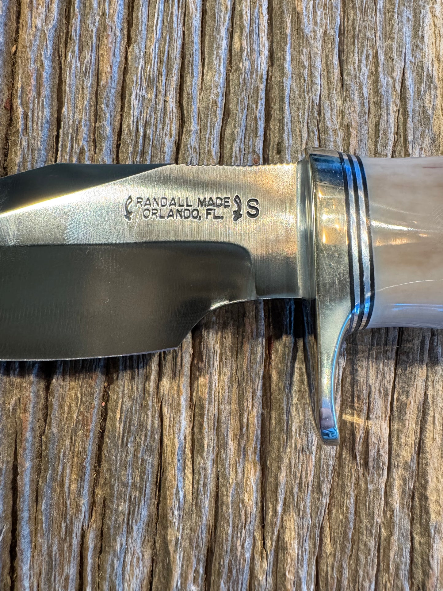 Randall Model 19-4 in Beautiful Fossil Walrus Ivory. Gorgeous colors and very rare to see a 19 in FWI. Nickel Silver Single Hilt and natural end, SS, and Flawless