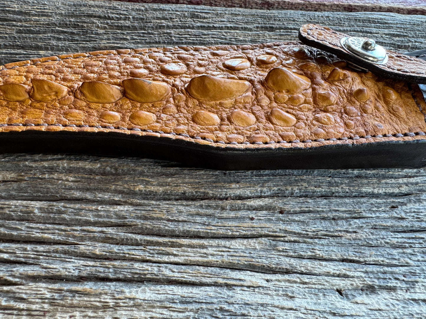 Randall Model 12-8 “Big Bear” Sheath in Exotic Arizona Tan Snapping Turtle by Treeman. Spiked Dragon tail portion of the turtle.