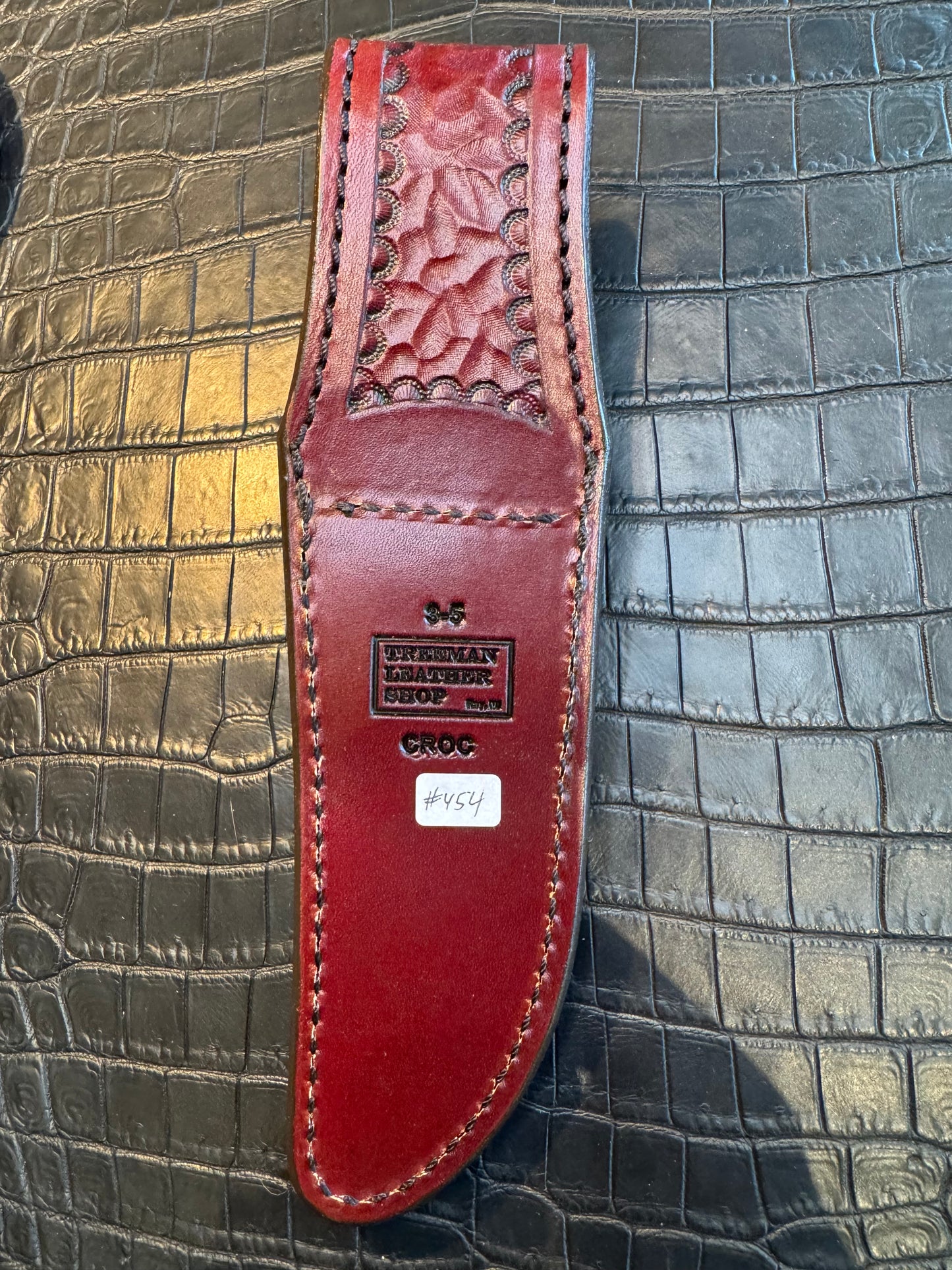 Randall Model 3-5 Exotic Sheath in Army Green Crocodile by Treeman.