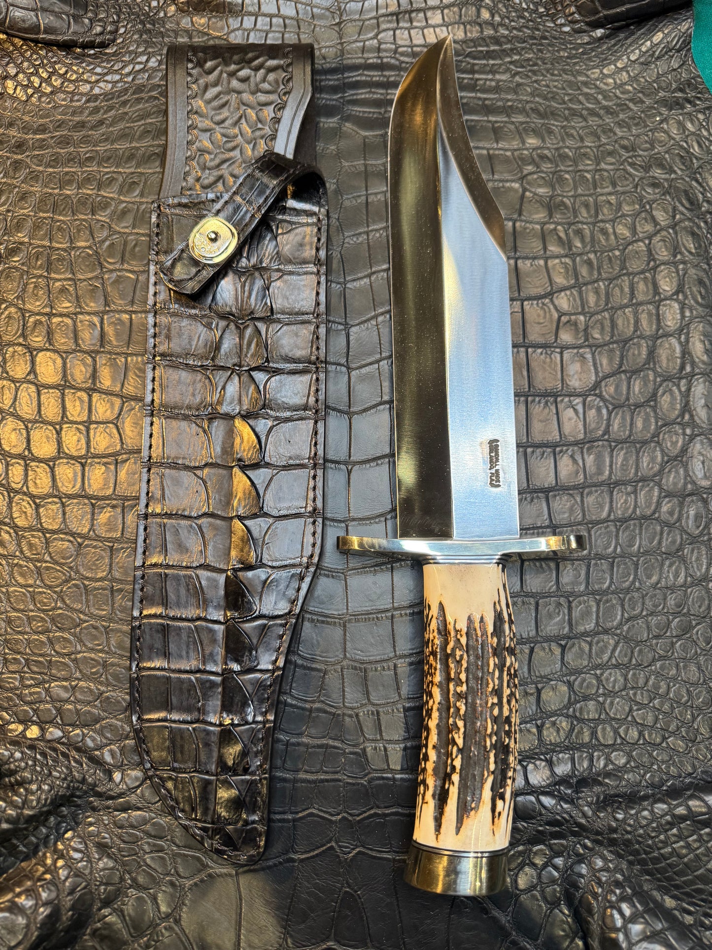 Randall Model Smithsonian “Smitty”Sheath in Exotic Australian Black Hornback ( tail ) Crocodile skin from Treeman. Sheath only