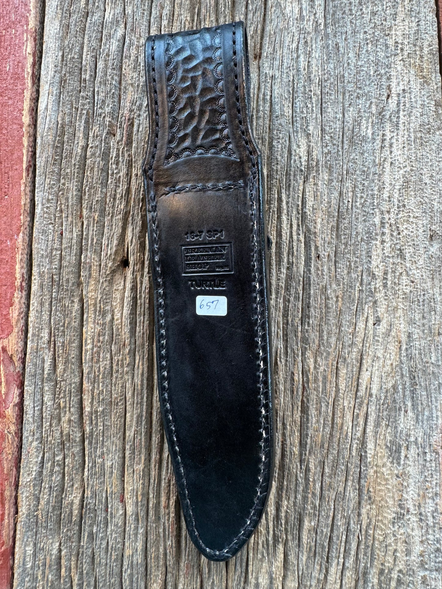 Randall Model 16-7 SP1 Sheath in Exotic Black Snapping Turtle by Treeman. Spiked Dragon tail portion of the turtle.