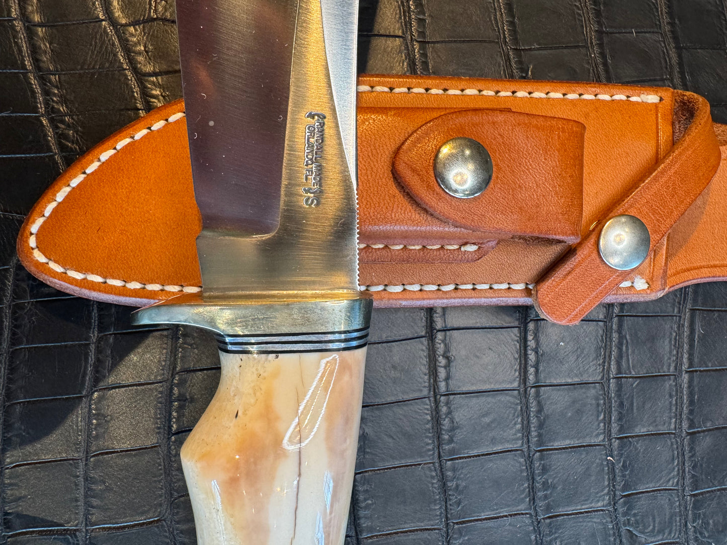 Randall Model RBS Bowles Dealer Special in a gorgeous piece of Creamy Fossil Walrus Ivory. Nickel Silver Hilt and butt cap. #118