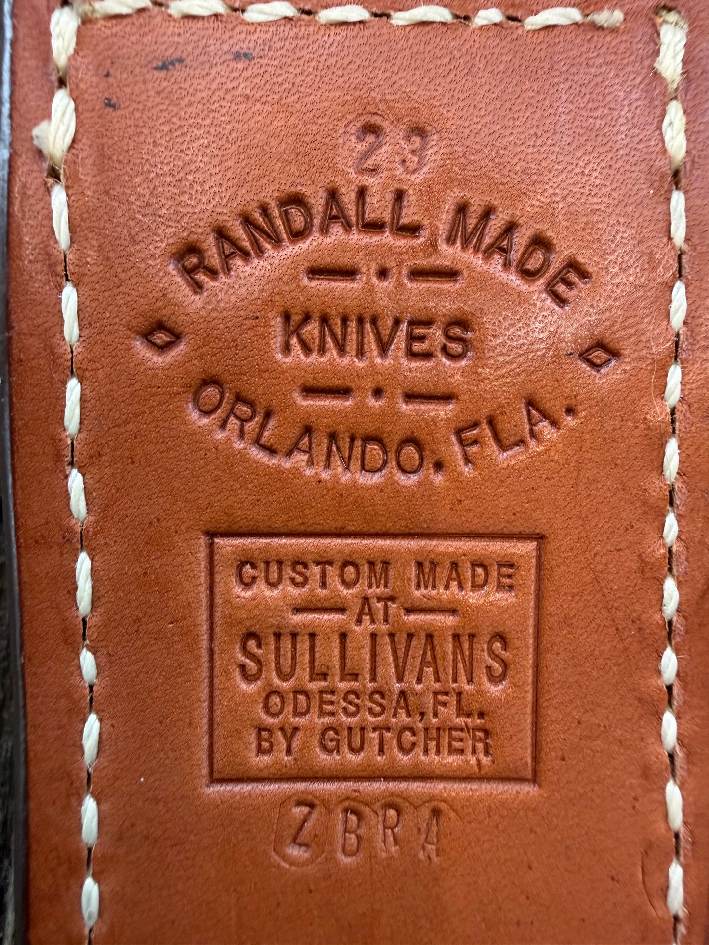 Randall Model 23 Sheath in Exotic Brown Zebra Custom Made at Sullivan’s by Gutcher.