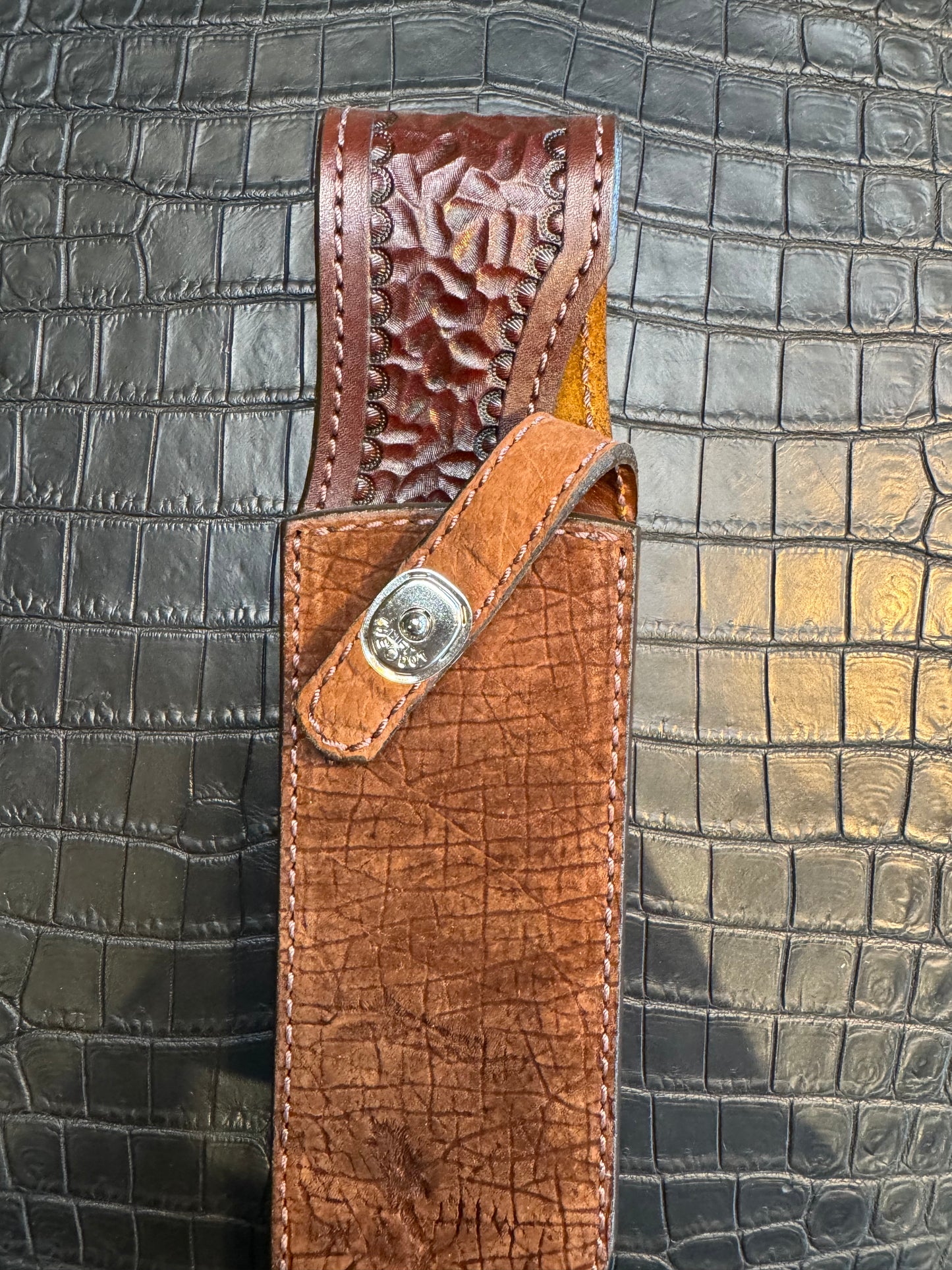 Randall Model 12-9 Bowie Clip Point in Chocolate Hippo, forward curved hilt, Canteen Snap, full brass stamping and stitching.