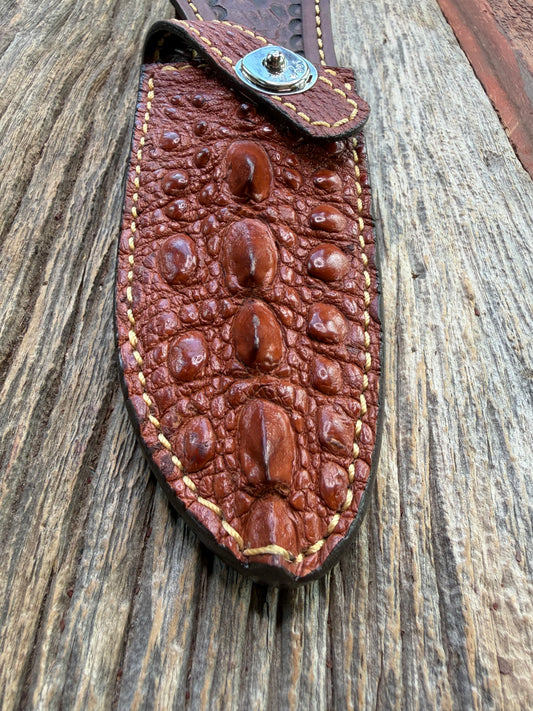 Randall Model 11-4 Sheath in Exotic Tan Snapping Turtle from Treeman Sheaths. Horny texture with a silver Canteen snap, phenomenal.