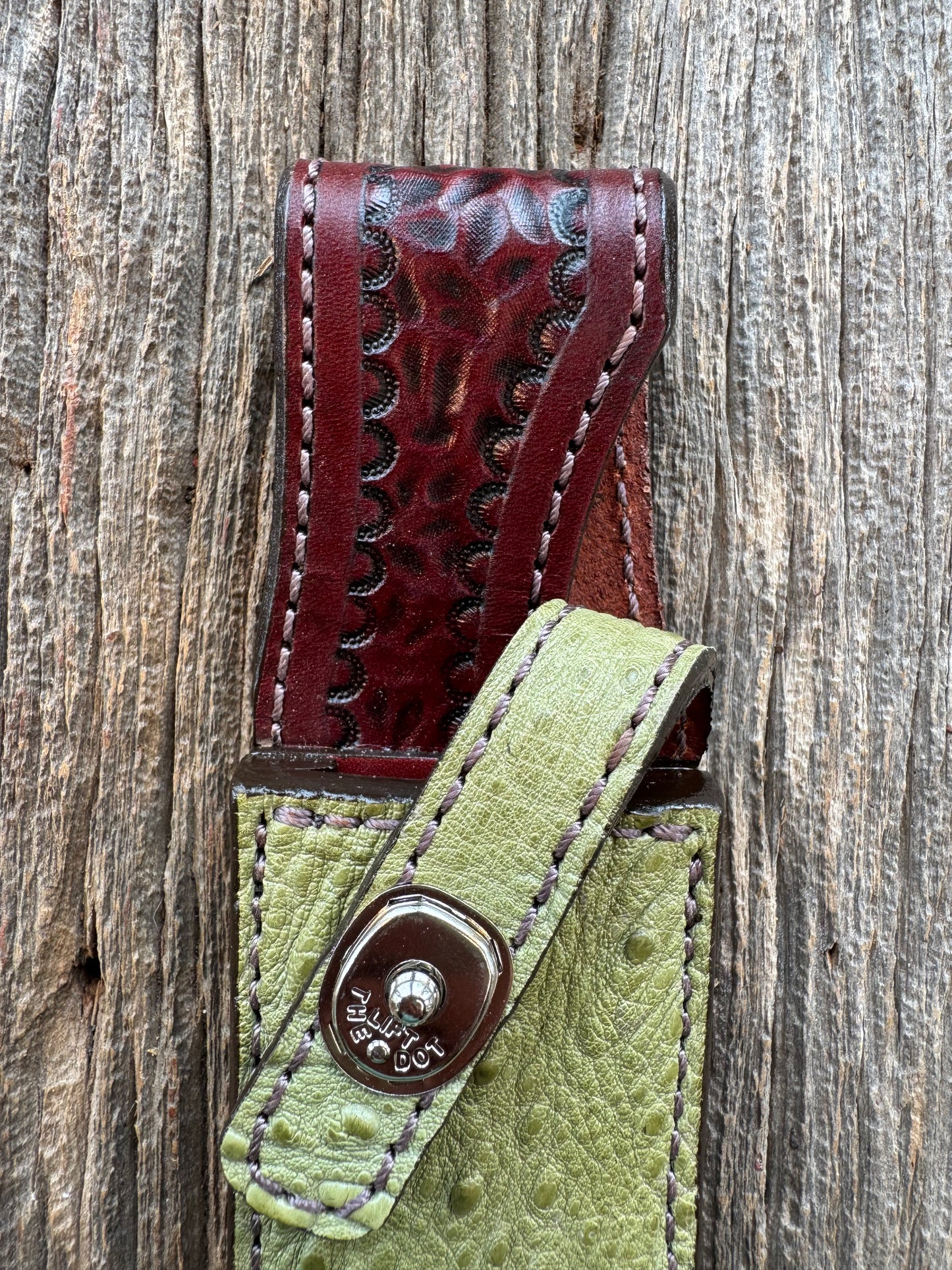 Randall Model 1-8 Sheath in Exotic Avocado Green Snapping Turtle by Treeman. Hind quarter portion of the turtle.