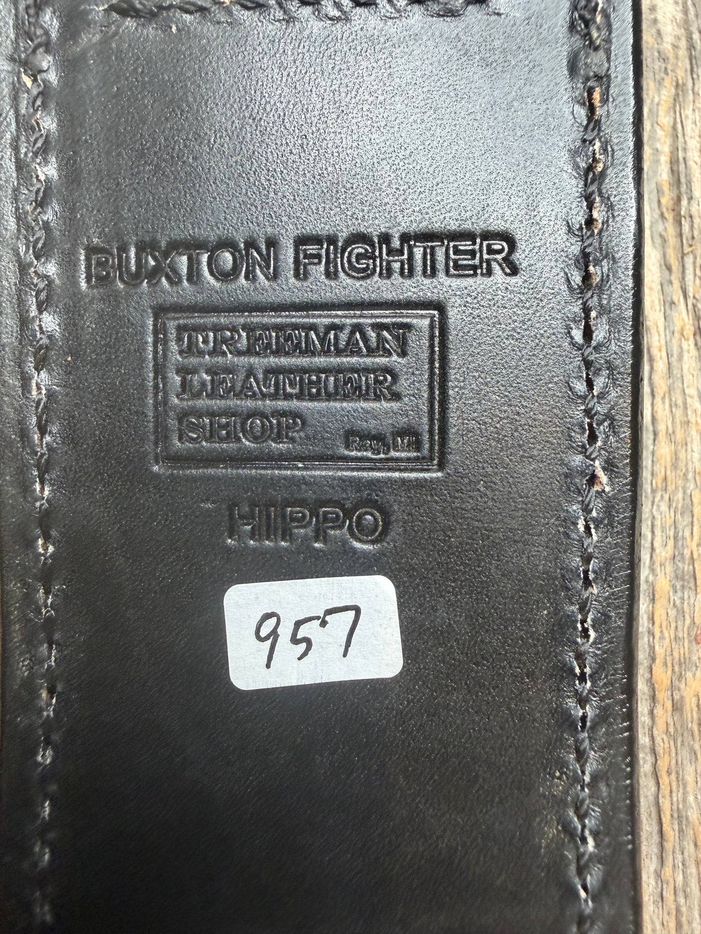 Randall Model Buxton Fighter in Black Hippo, forward curved hilt, black Canteen Snap, full brass stamping and stitching.