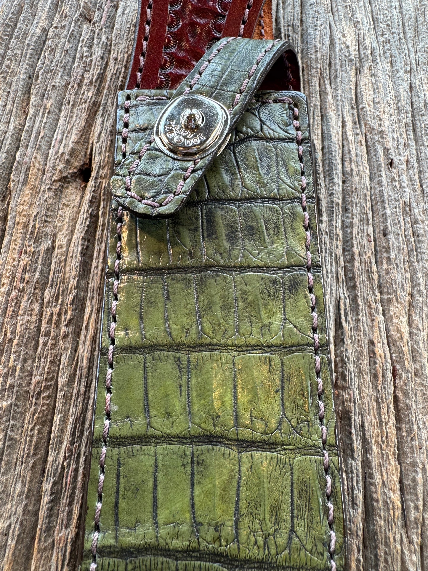 Randall Model 1-8 Sheath in Exotic Army Green Crocodile from Treeman.