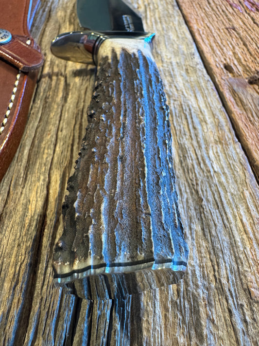 New Randall Model 19-5 with a stunning piece of customer supplied Stag. Nickel Silver Hilt and Butt plate.