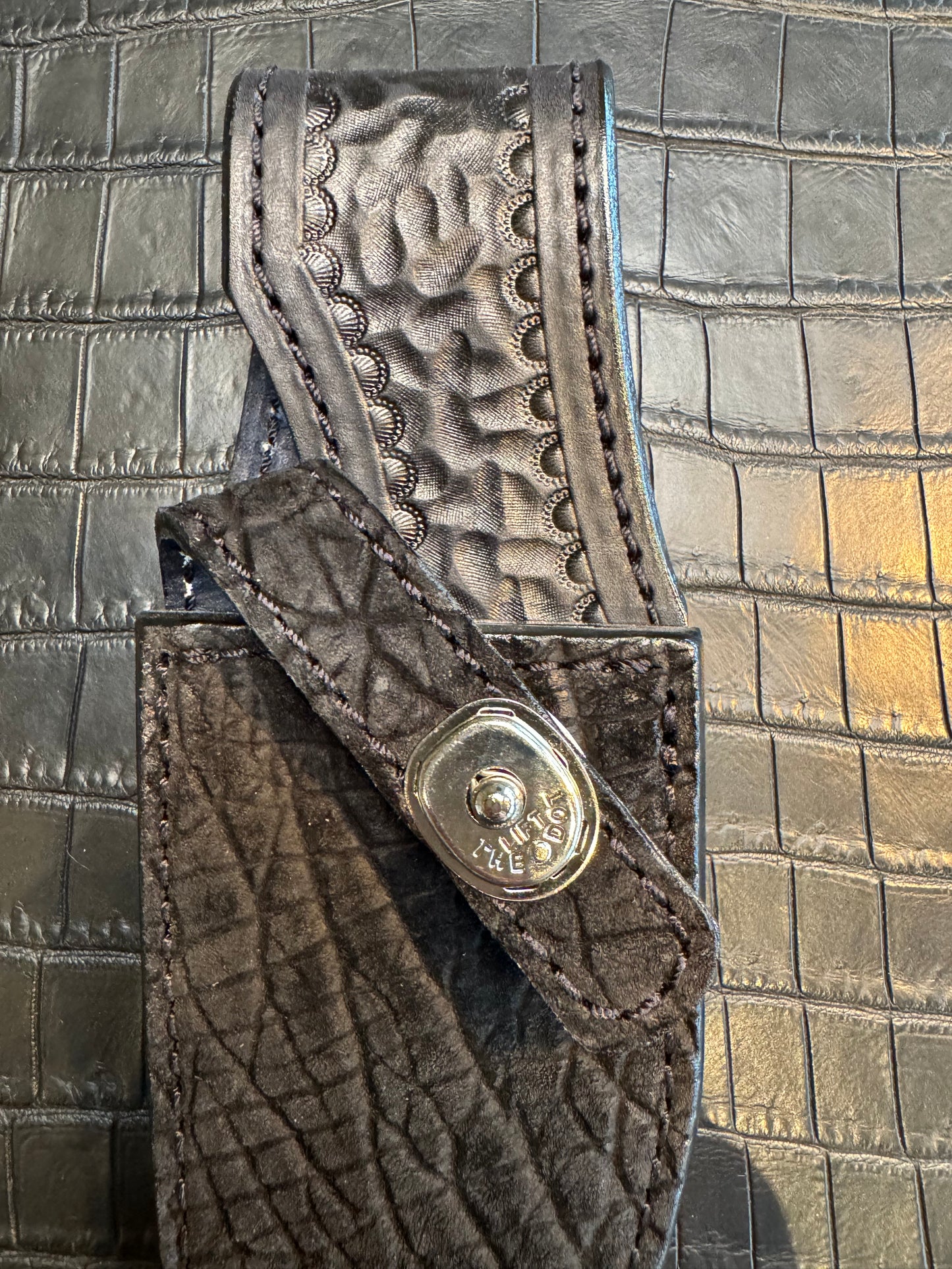 Randall Model 19-5 in Black Hippo Straight hilt, Canteen Snap, full brass stamping and stitching.