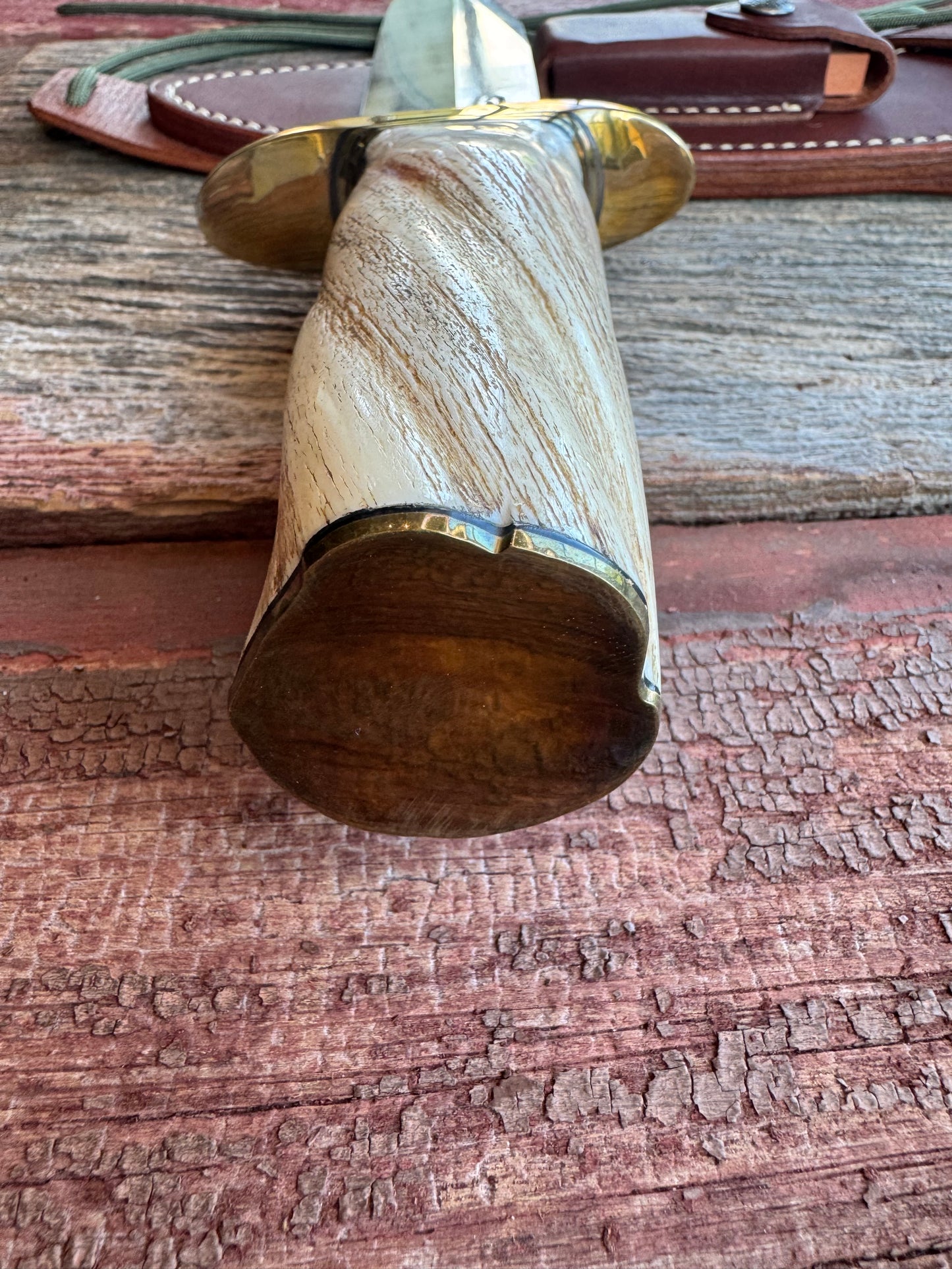 Rare Randall Model 12-9 in Beautiful Spiraled Narwal, Brass hilt and butt plate. Stainless steel, Stunning and rare. Really really fat handle.