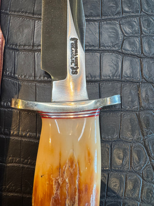 Randall Model 12-6 in a gorgeous Fossil Walrus Ivory Artifact. This was an Ivory Ice Ax Chisel originally. Nickel Silver Hilt and natural Ax end