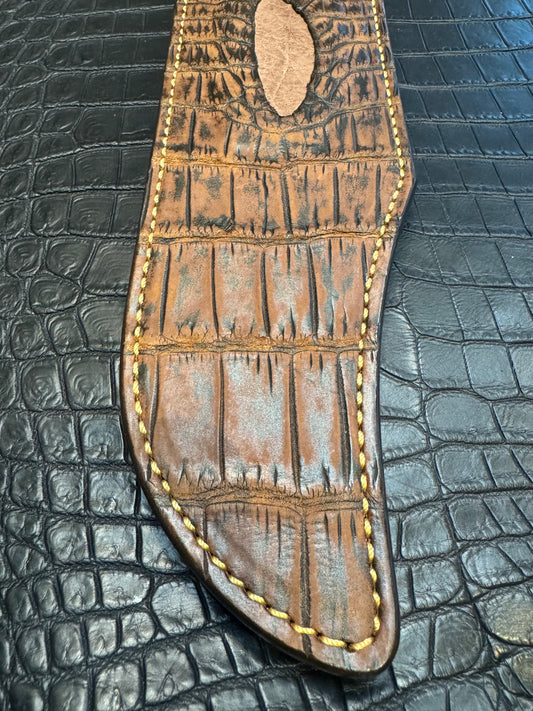 Randall Model 12-11 Smithsonian “Smitty” Exotic Sheath in Brown Antique Safari Crocodile Anus with a Hippo Insert by Treeman.